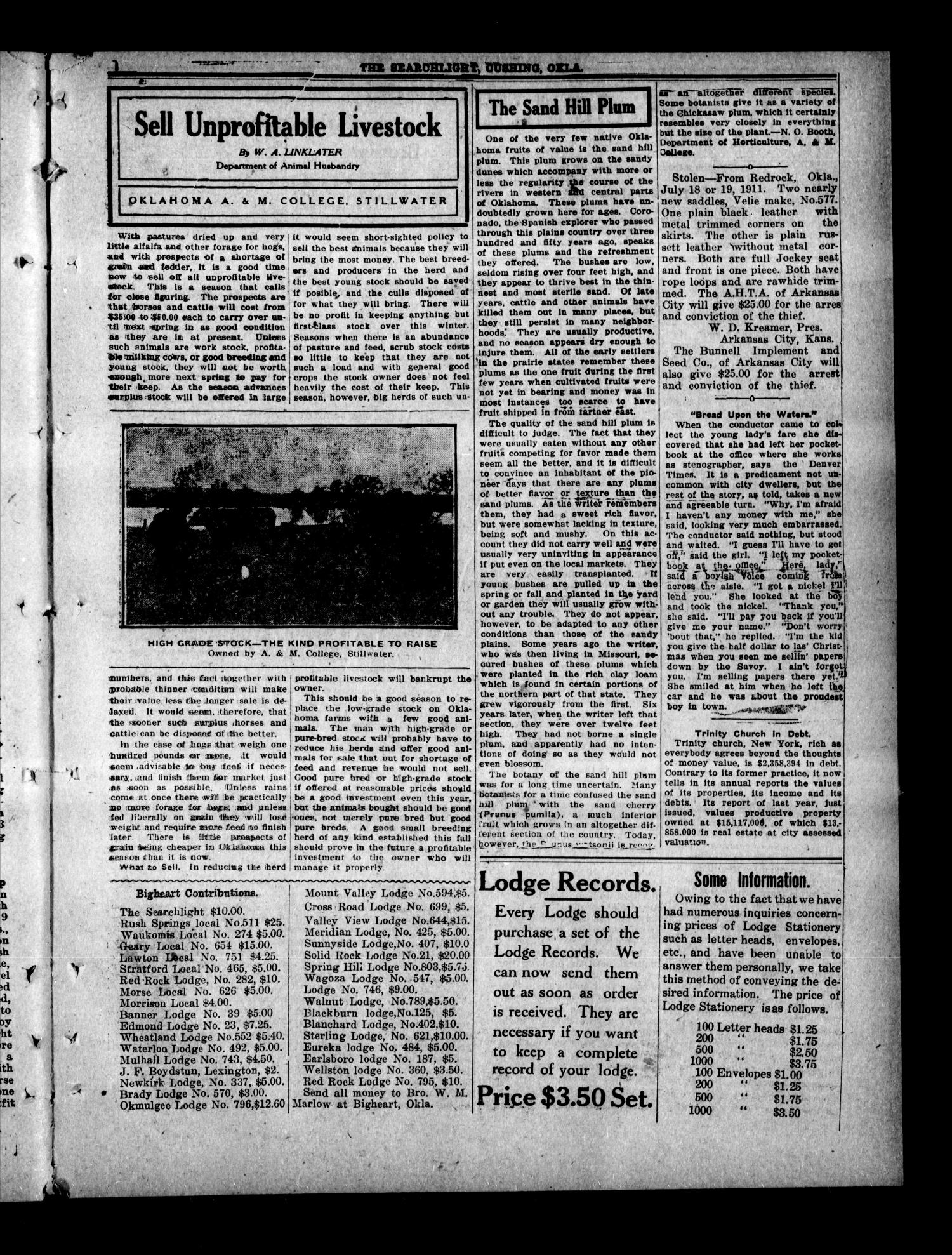 The Searchlight (Cushing, Okla.), Vol. 2, No. 38, Ed. 1 Wednesday, August 9, 1911
                                                
                                                    [Sequence #]: 3 of 8
                                                