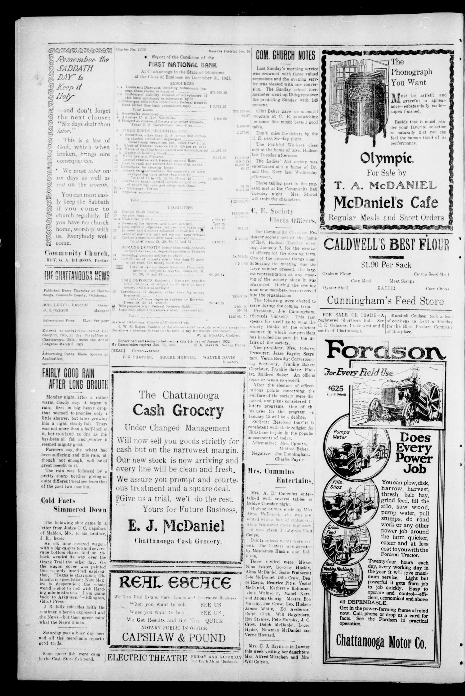 The Chattanooga News. (Chattanooga, Okla.), Vol. 16, No. 46, Ed. 1 Thursday, January 12, 1922
                                                
                                                    [Sequence #]: 4 of 4
                                                