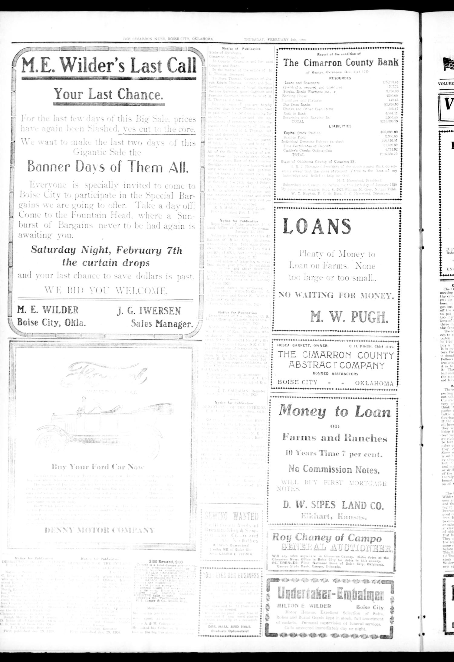 The Cimarron News. (Boise City, Okla.), Vol. 21, No. 27, Ed. 1 Thursday, February 5, 1920
                                                
                                                    [Sequence #]: 4 of 4
                                                