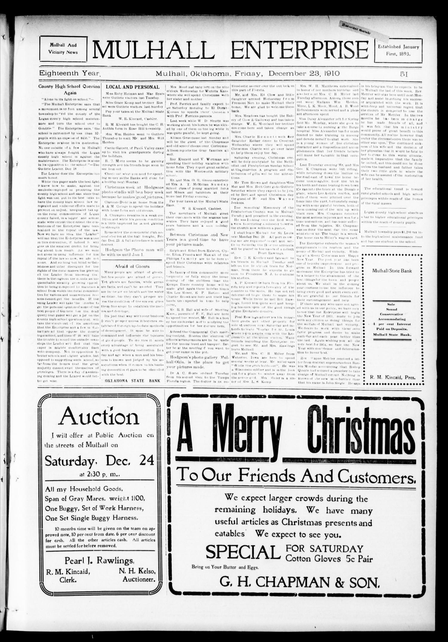Mulhall Enterprise (Mulhall, Okla.), Vol. 18, No. 51, Ed. 1 Friday, December 23, 1910
                                                
                                                    [Sequence #]: 1 of 8
                                                