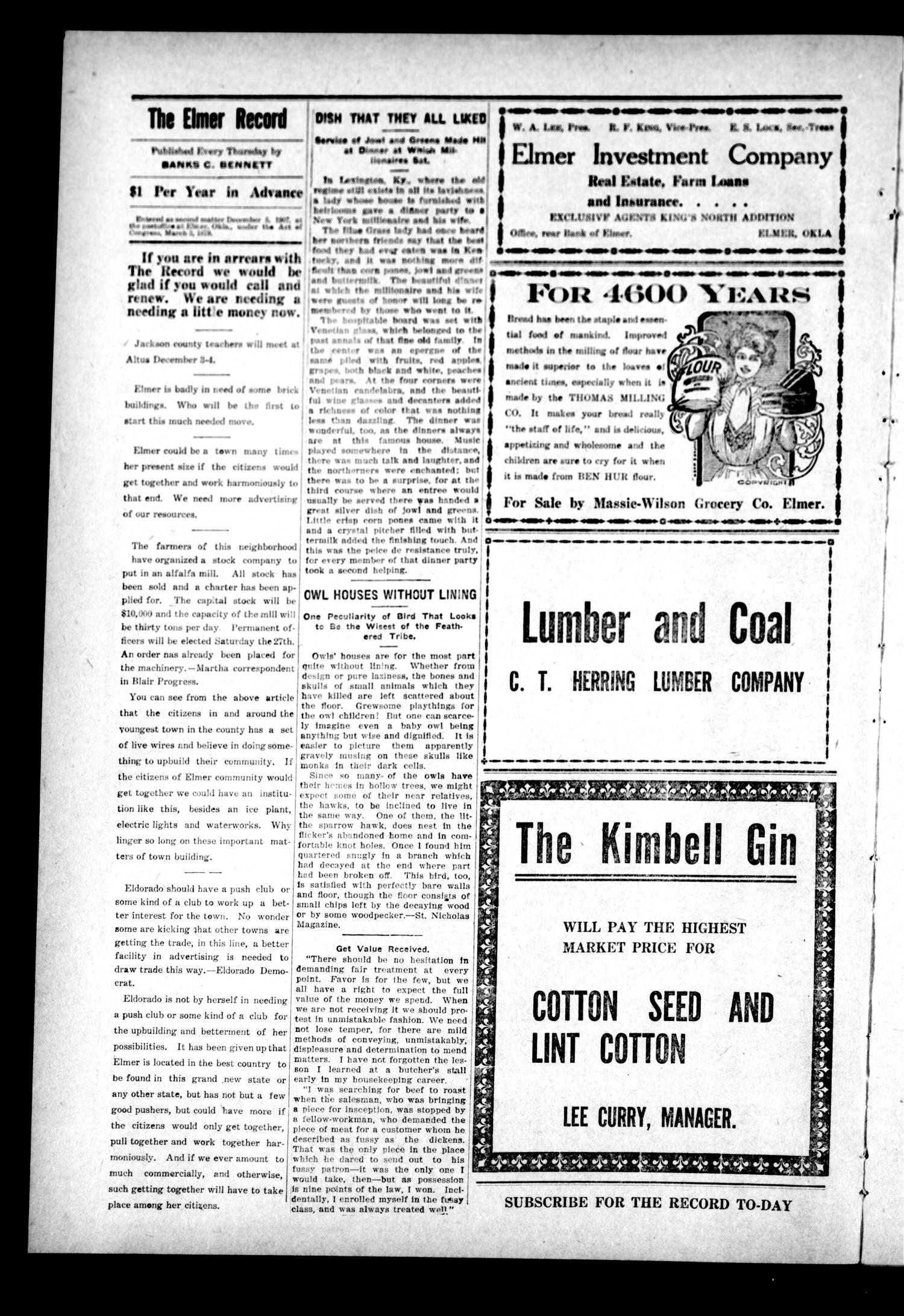 The Elmer Record. (Elmer, Okla.), Vol. 3, No. 1, Ed. 1 Thursday, December 2, 1909
                                                
                                                    [Sequence #]: 4 of 12
                                                