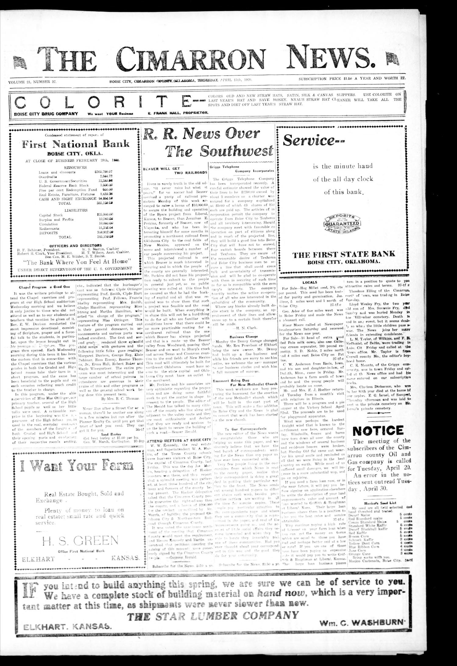 The Cimarron News. (Boise City, Okla.), Vol. 21, No. 37, Ed. 1 Thursday, April 15, 1920
                                                
                                                    [Sequence #]: 1 of 4
                                                