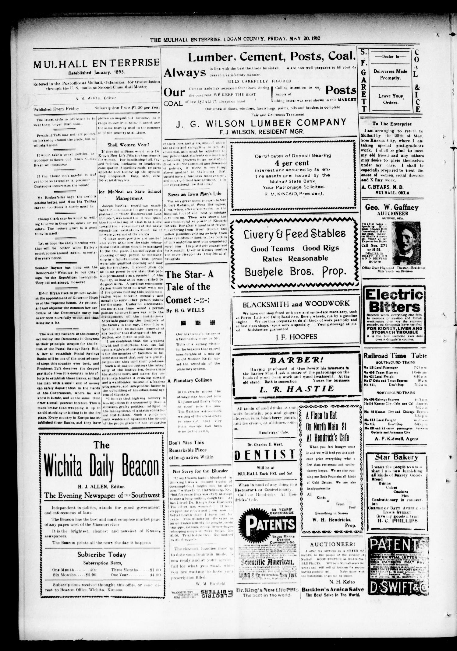 Mulhall Enterprise (Mulhall, Okla.), Vol. 18, No. 20, Ed. 1 Friday, May 20, 1910
                                                
                                                    [Sequence #]: 4 of 8
                                                