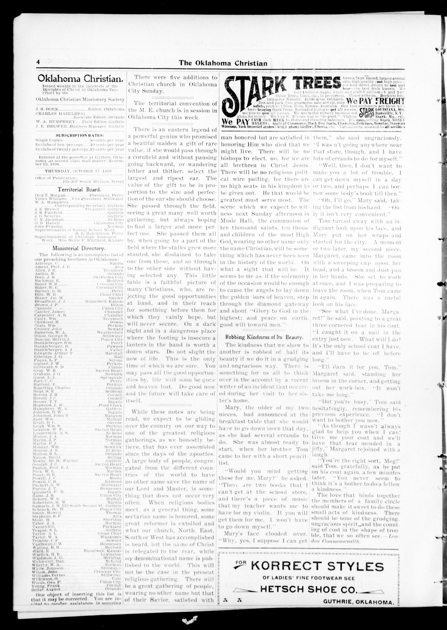 The Oklahoma Christian. (Guthrie, Okla.), Vol. 4, No. 21, Ed. 1 Thursday, October 19, 1899
                                                
                                                    [Sequence #]: 4 of 6
                                                