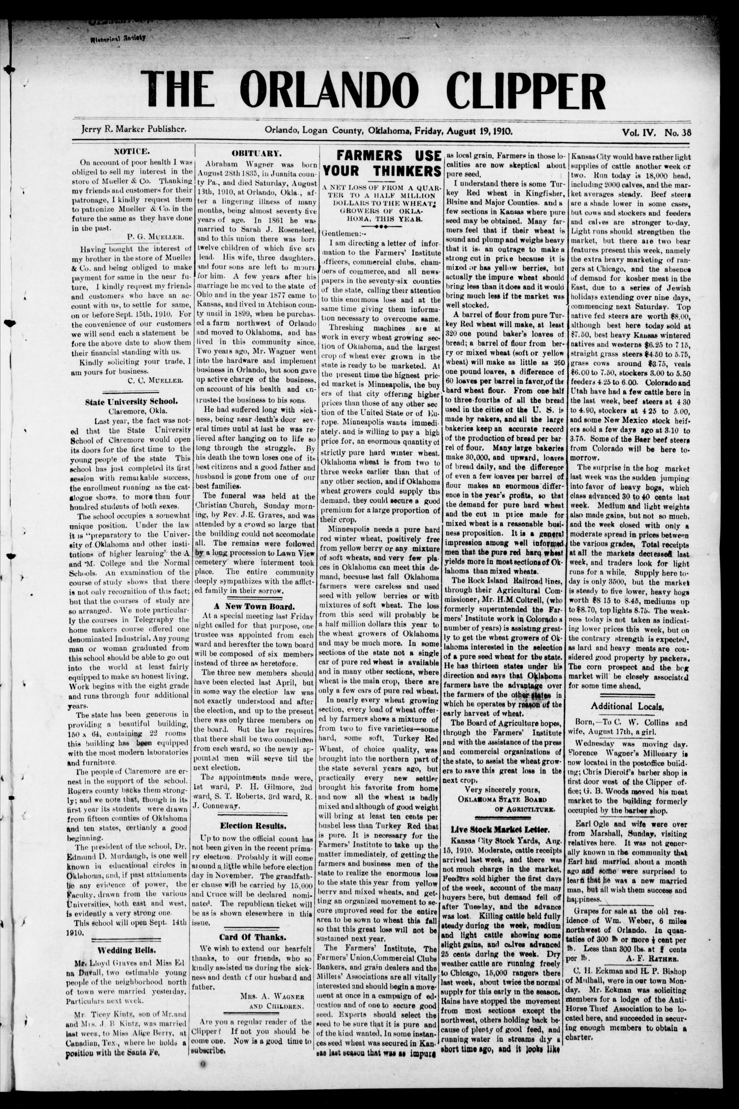 The Orlando Clipper (Orlando, Okla.), Vol. 4, No. 38, Ed. 1 Friday, August 19, 1910
                                                
                                                    [Sequence #]: 1 of 16
                                                