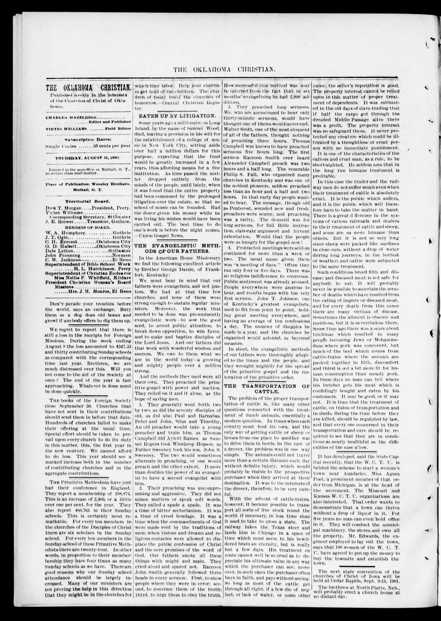 The Oklahoma Christian. (Mulhall and Guthrie, Okla.), Vol. 6, No. 11, Ed. 1 Thursday, August 15, 1901
                                                
                                                    [Sequence #]: 2 of 4
                                                