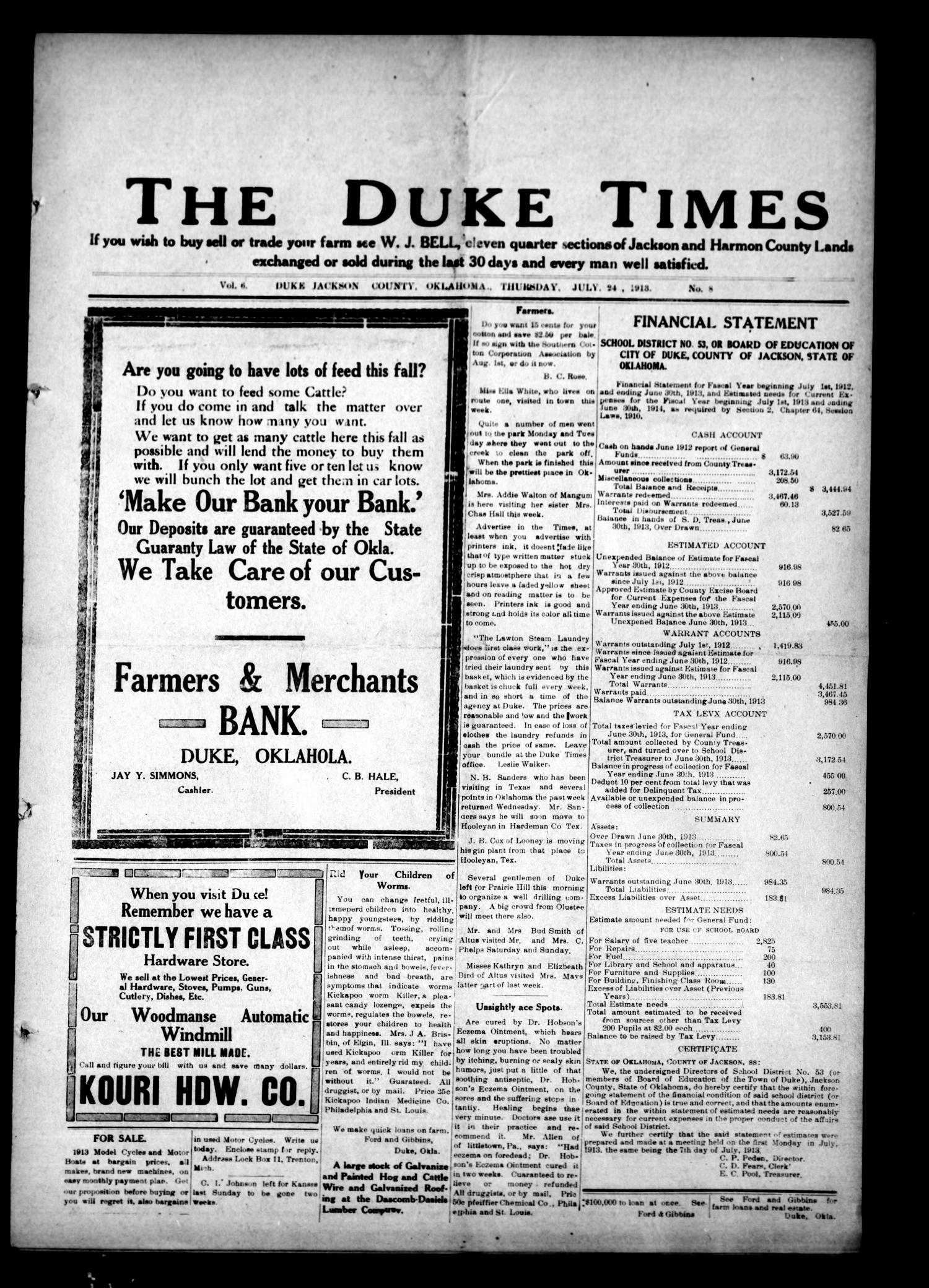 The Duke Times (Duke, Okla.), Vol. 6, No. 8, Ed. 1 Thursday, July 24, 1913
                                                
                                                    [Sequence #]: 1 of 4
                                                