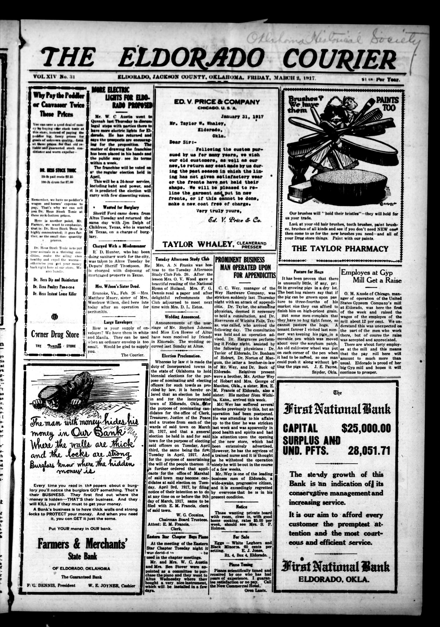 The Eldorado Courier (Eldorado, Okla.), Vol. 14, No. 31, Ed. 1 Friday, March 2, 1917
                                                
                                                    [Sequence #]: 1 of 8
                                                