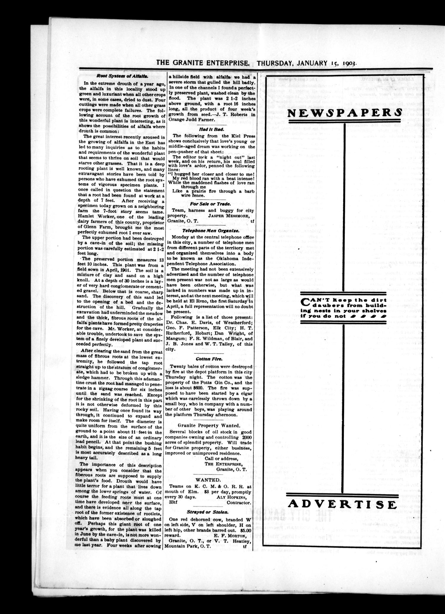 The Granite Enterprise. (Granite, Okla.), Vol. 3, No. 38, Ed. 1 Thursday, January 15, 1903
                                                
                                                    [Sequence #]: 4 of 6
                                                