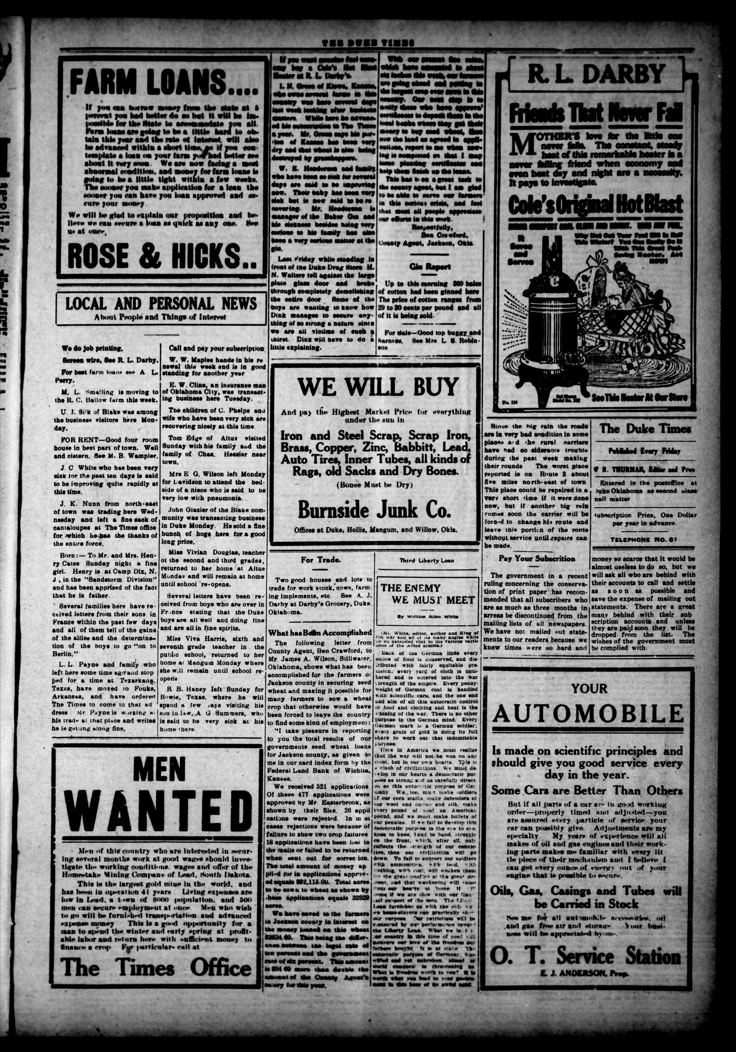 The Duke Times (Duke, Okla.), Vol. 10, No. 17, Ed. 1 Friday, October 18, 1918
                                                
                                                    [Sequence #]: 3 of 6
                                                