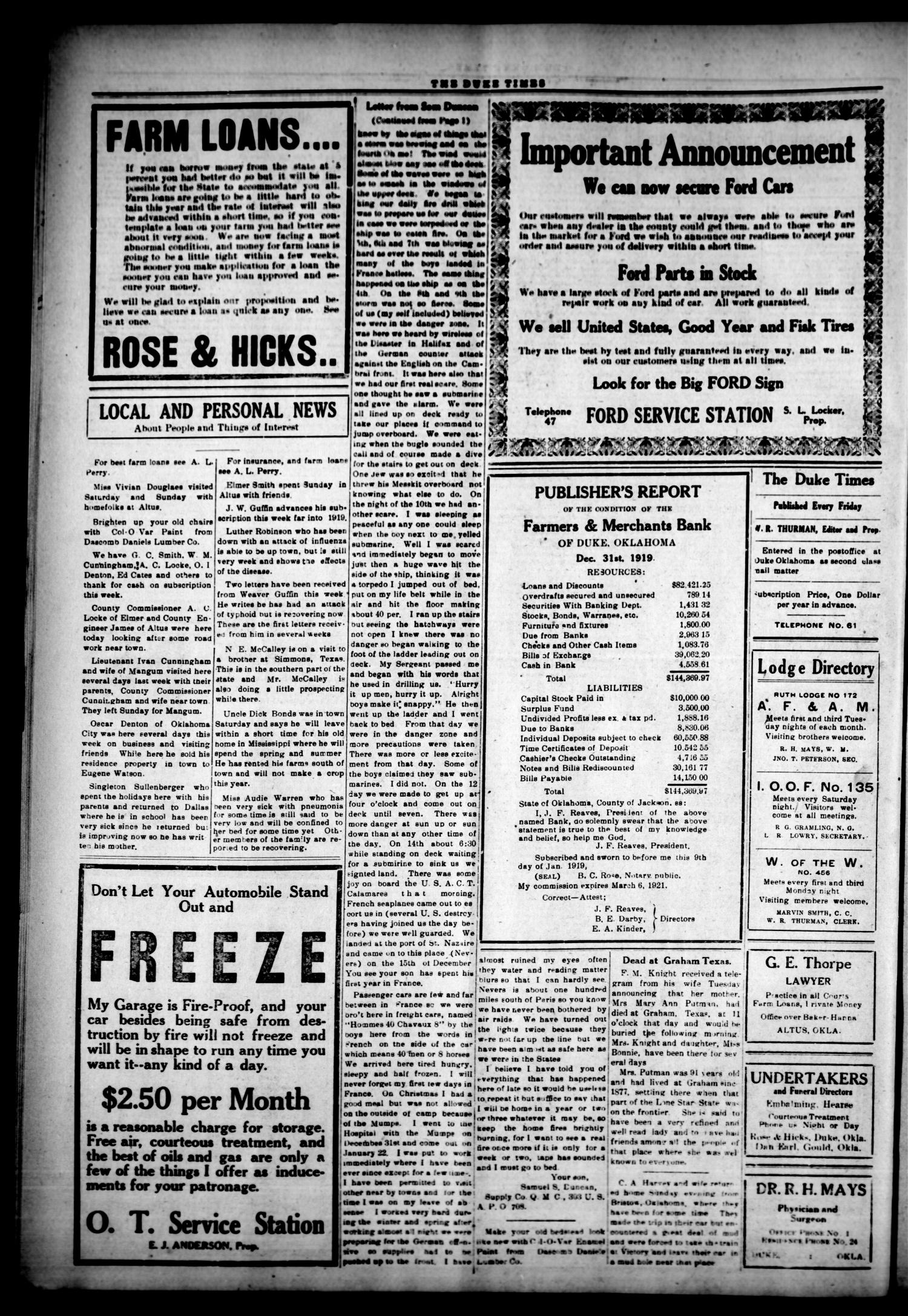 The Duke Times (Duke, Okla.), Vol. 10, No. 28, Ed. 1 Friday, January 17, 1919
                                                
                                                    [Sequence #]: 4 of 4
                                                
