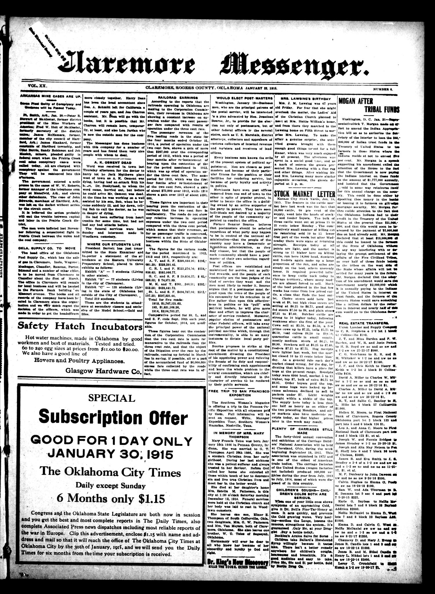 Claremore Messenger., Vol. 20, No. 6, Ed. 1 Friday, January 22, 1915
                                                
                                                    [Sequence #]: 1 of 8
                                                