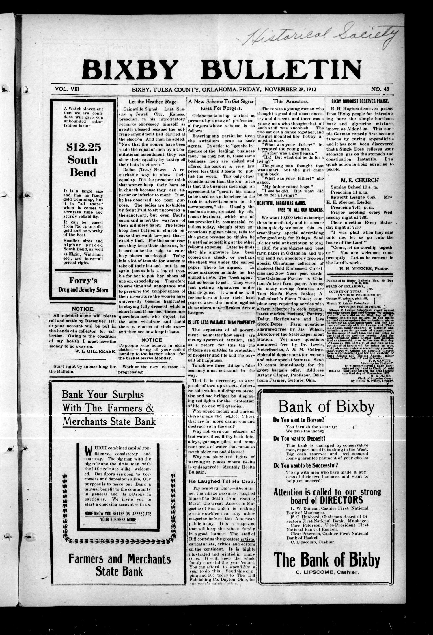 Bixby Bulletin (Bixby, Okla.), Vol. 8, No. 43, Ed. 1 Friday, November 29, 1912
                                                
                                                    [Sequence #]: 1 of 8
                                                