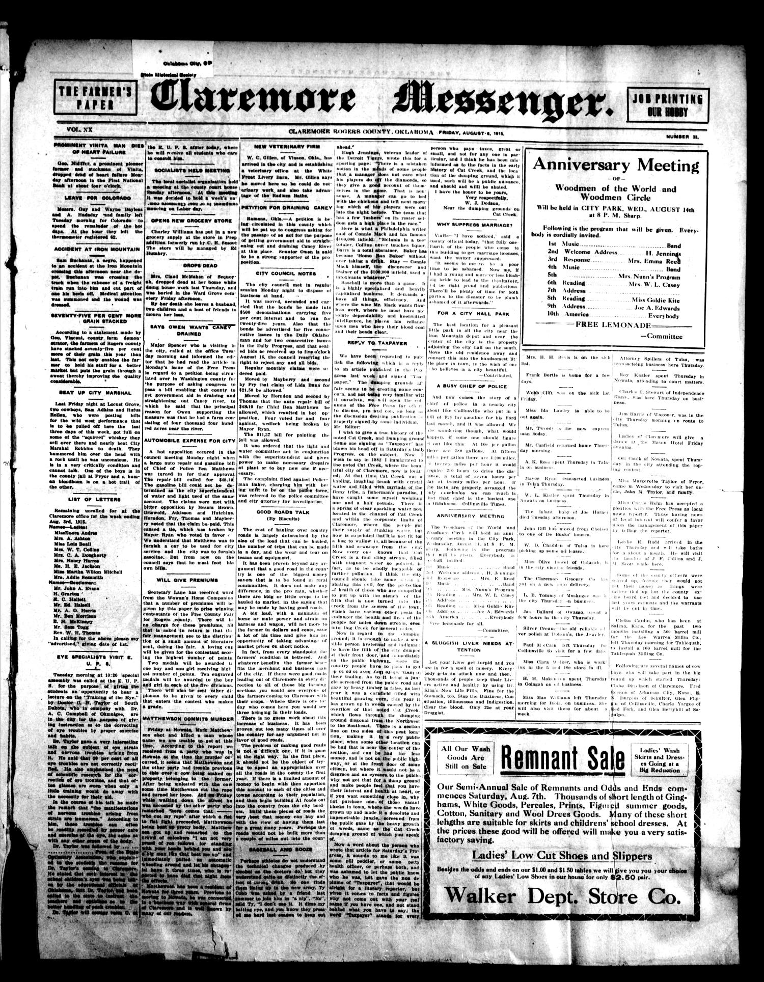 Claremore Messenger., Vol. 20, No. 33, Ed. 1 Friday, August 6, 1915
                                                
                                                    [Sequence #]: 1 of 6
                                                