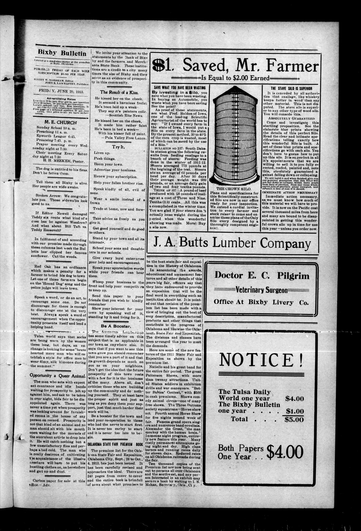 Bixby Bulletin (Bixby, Okla.), Vol. 9, No. 20, Ed. 1 Friday, June 20, 1913
                                                
                                                    [Sequence #]: 3 of 9
                                                