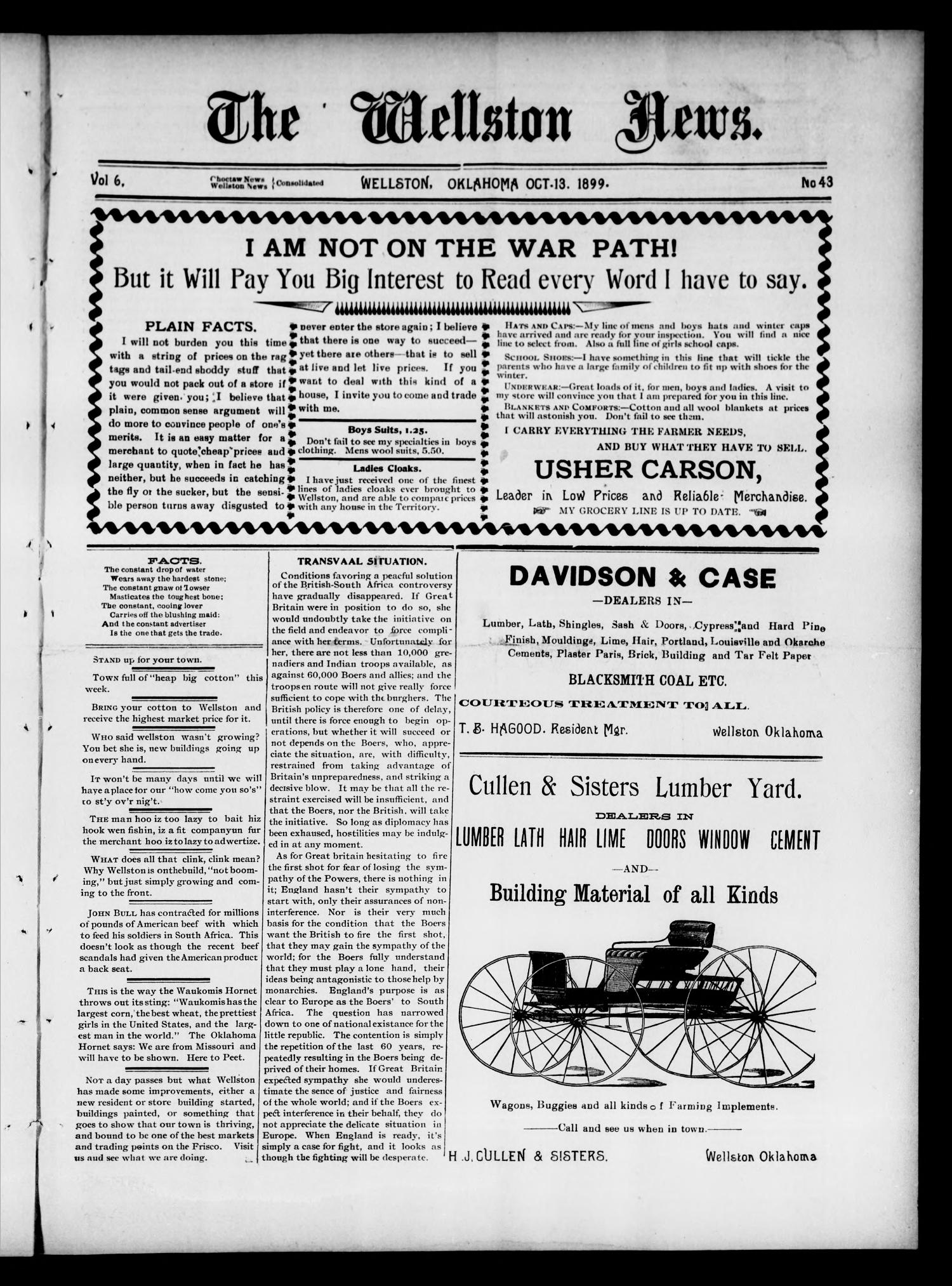 The Wellston News. (Wellston, Okla.), Vol. 6, No. 43, Ed. 1 Friday, October 13, 1899
                                                
                                                    [Sequence #]: 1 of 8
                                                