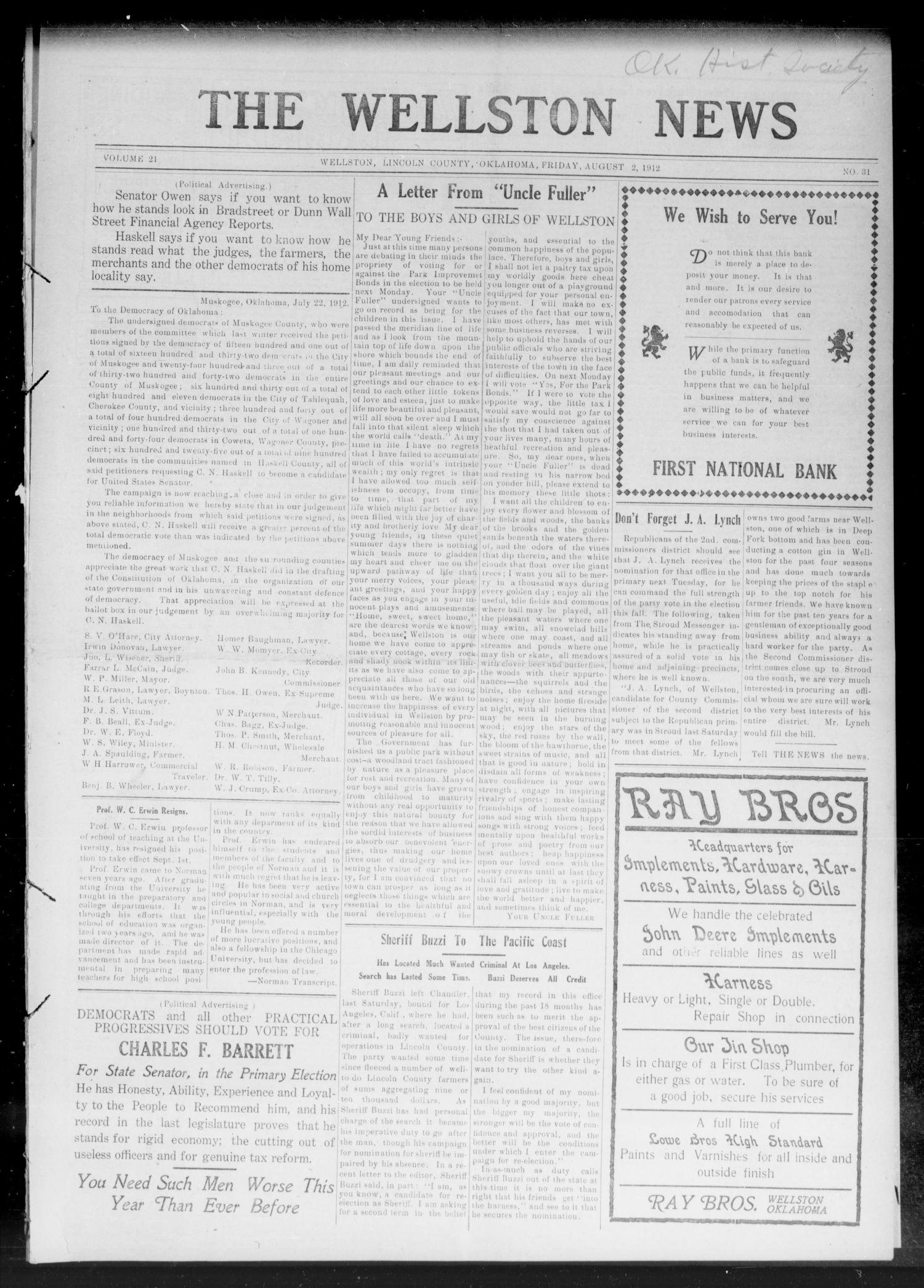 The Wellston News (Wellston, Okla.), Vol. 21, No. 31, Ed. 1 Friday, August 2, 1912
                                                
                                                    [Sequence #]: 1 of 8
                                                