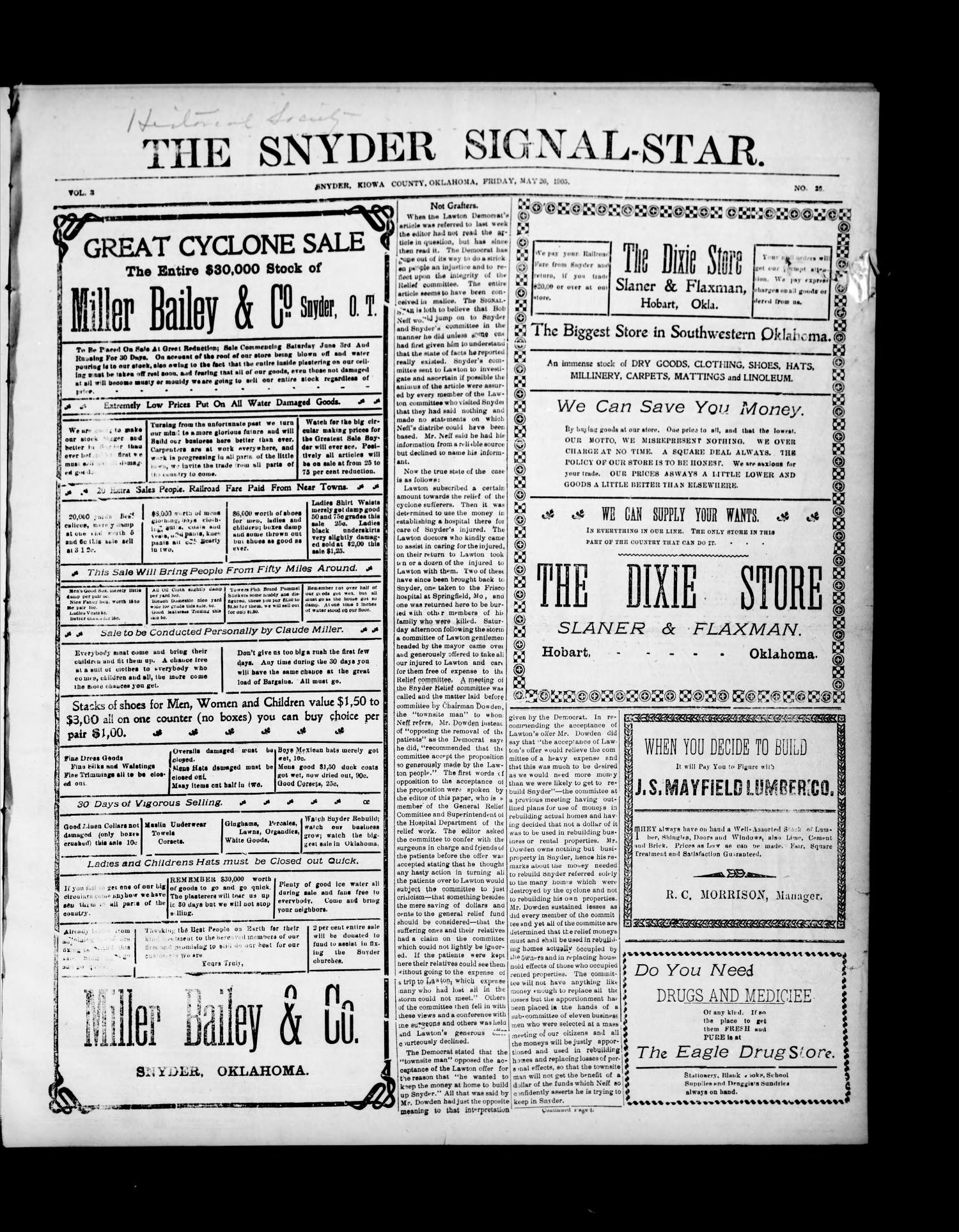 The Snyder Signal-Star. (Snyder, Okla.), Vol. 3, No. 26, Ed. 1 Friday, May 26, 1905
                                                
                                                    [Sequence #]: 1 of 4
                                                