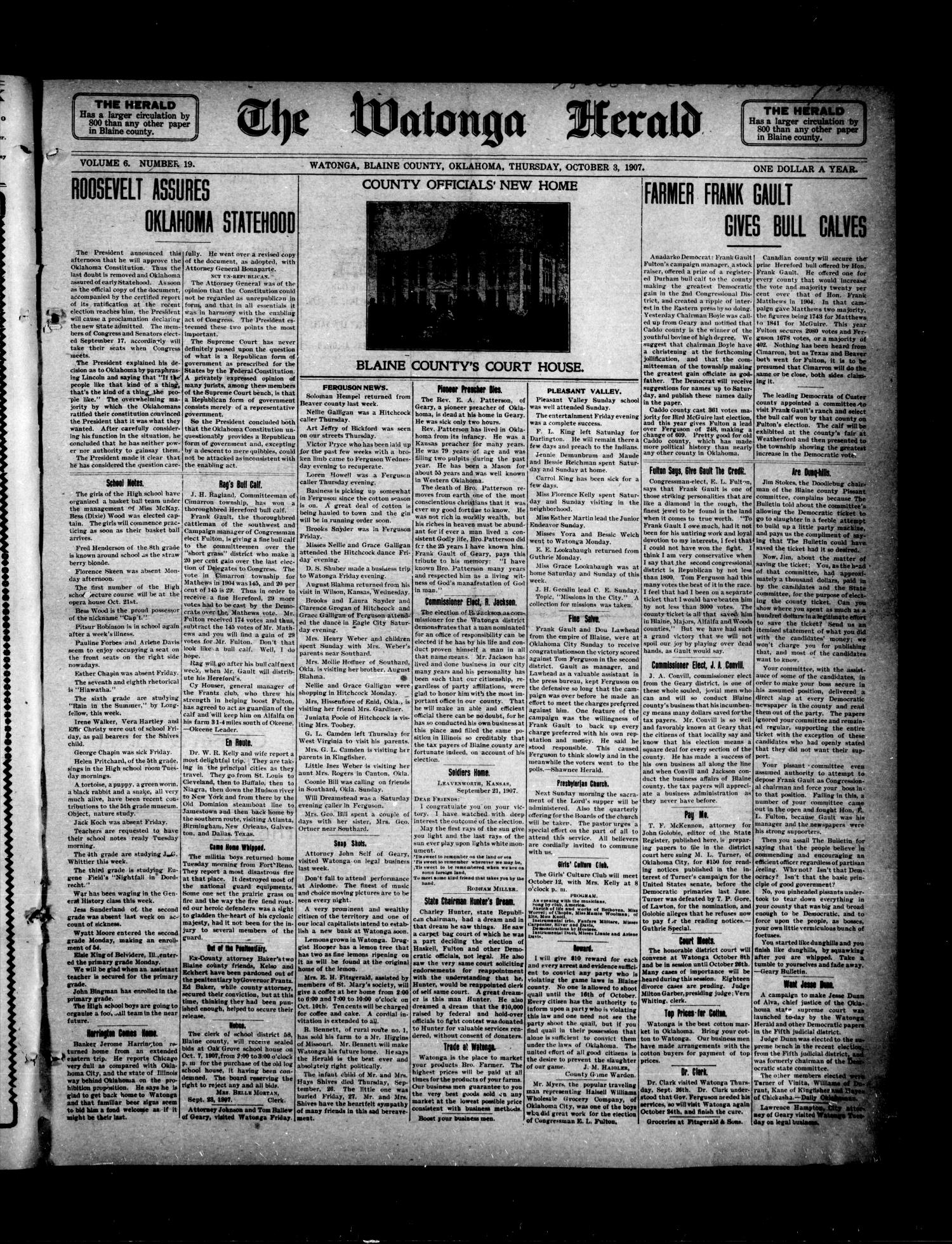 The Watonga Herald (Watonga, Okla.), Vol. 6, No. 19, Ed. 1 Thursday, October 3, 1907
                                                
                                                    [Sequence #]: 1 of 4
                                                