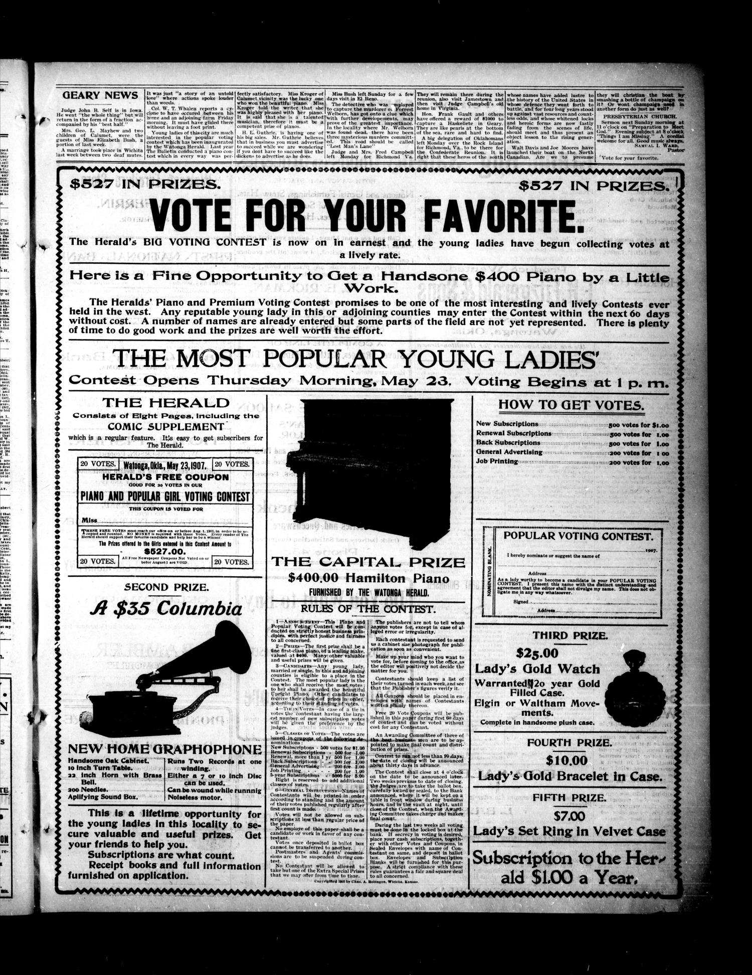 The Watonga Herald (Watonga, Okla.), Vol. 6, No. 1, Ed. 1 Thursday, May 30, 1907
                                                
                                                    [Sequence #]: 3 of 4
                                                