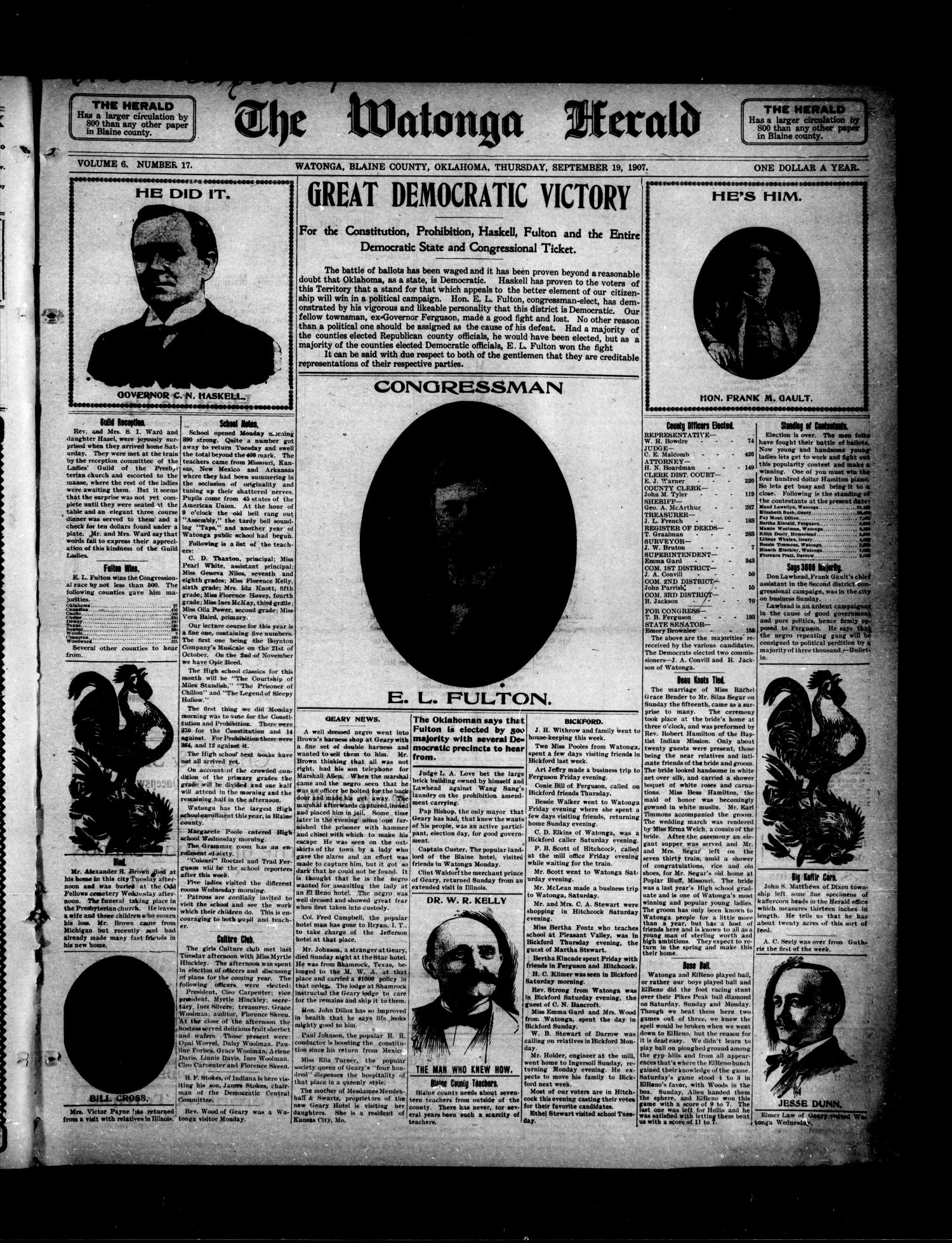 The Watonga Herald (Watonga, Okla.), Vol. 6, No. 17, Ed. 1 Thursday, September 19, 1907
                                                
                                                    [Sequence #]: 1 of 4
                                                