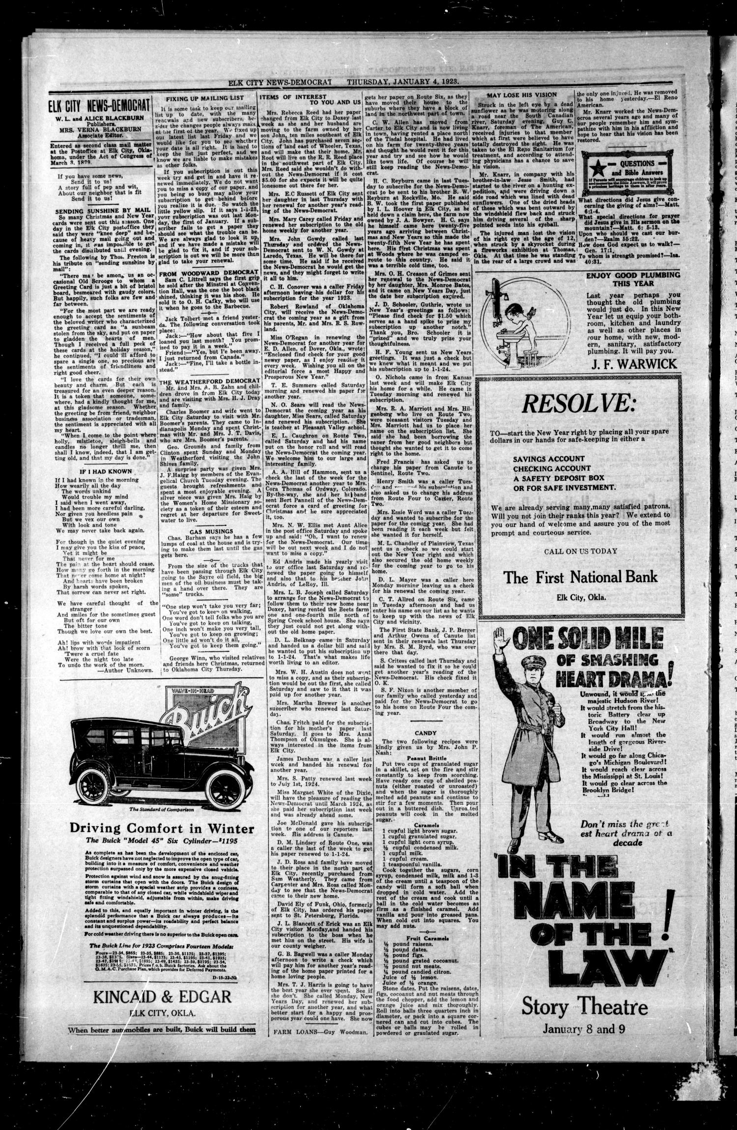 Elk City News-Democrat (Elk City, Okla.), Vol. 20, No. 36, Ed. 1 Thursday, January 4, 1923
                                                
                                                    [Sequence #]: 4 of 9
                                                