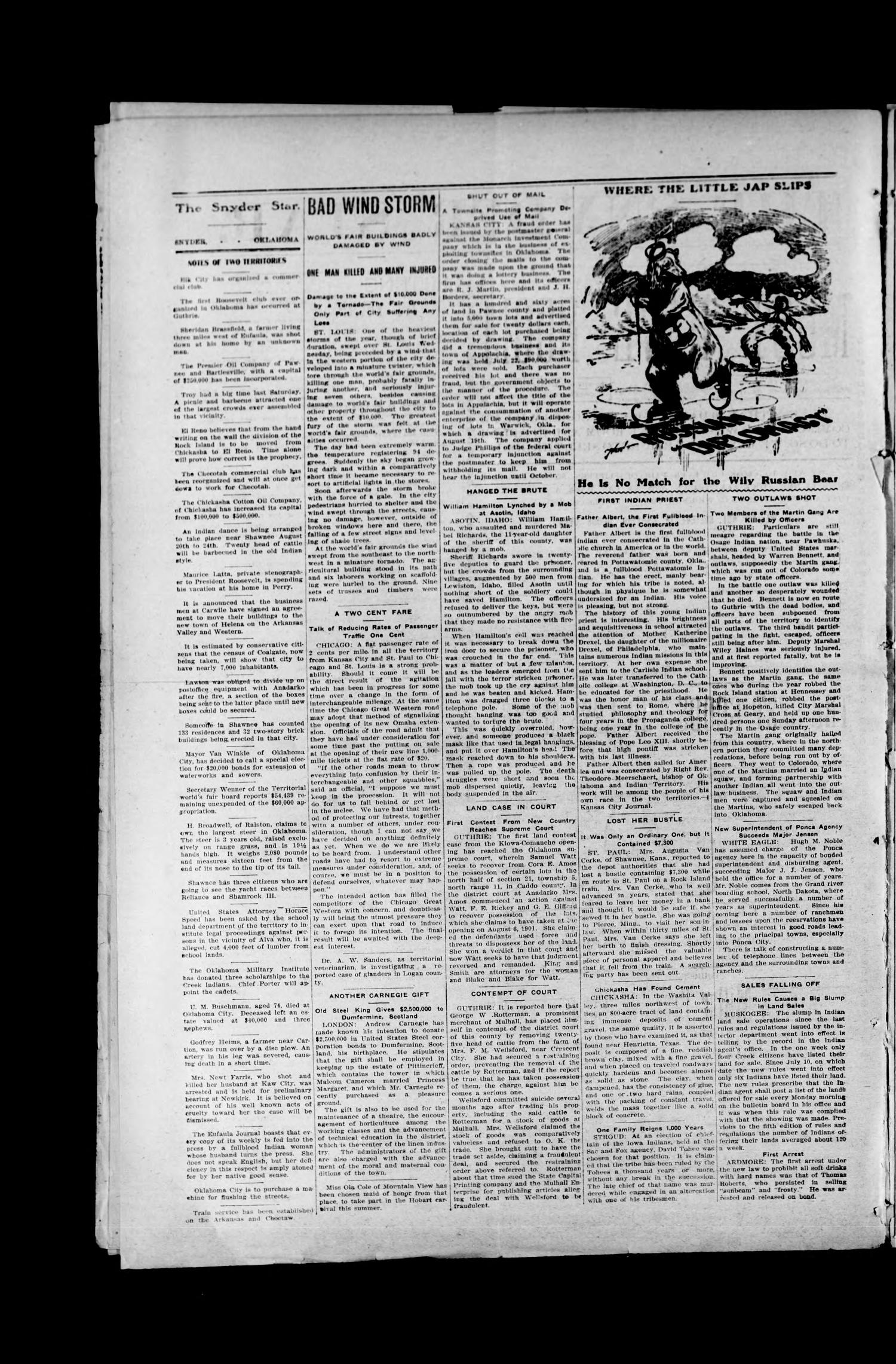 The Snyder Star. (Snyder, Okla. Terr.), Vol. 1, No. 22, Ed. 1 Thursday, August 13, 1903
                                                
                                                    [Sequence #]: 2 of 8
                                                