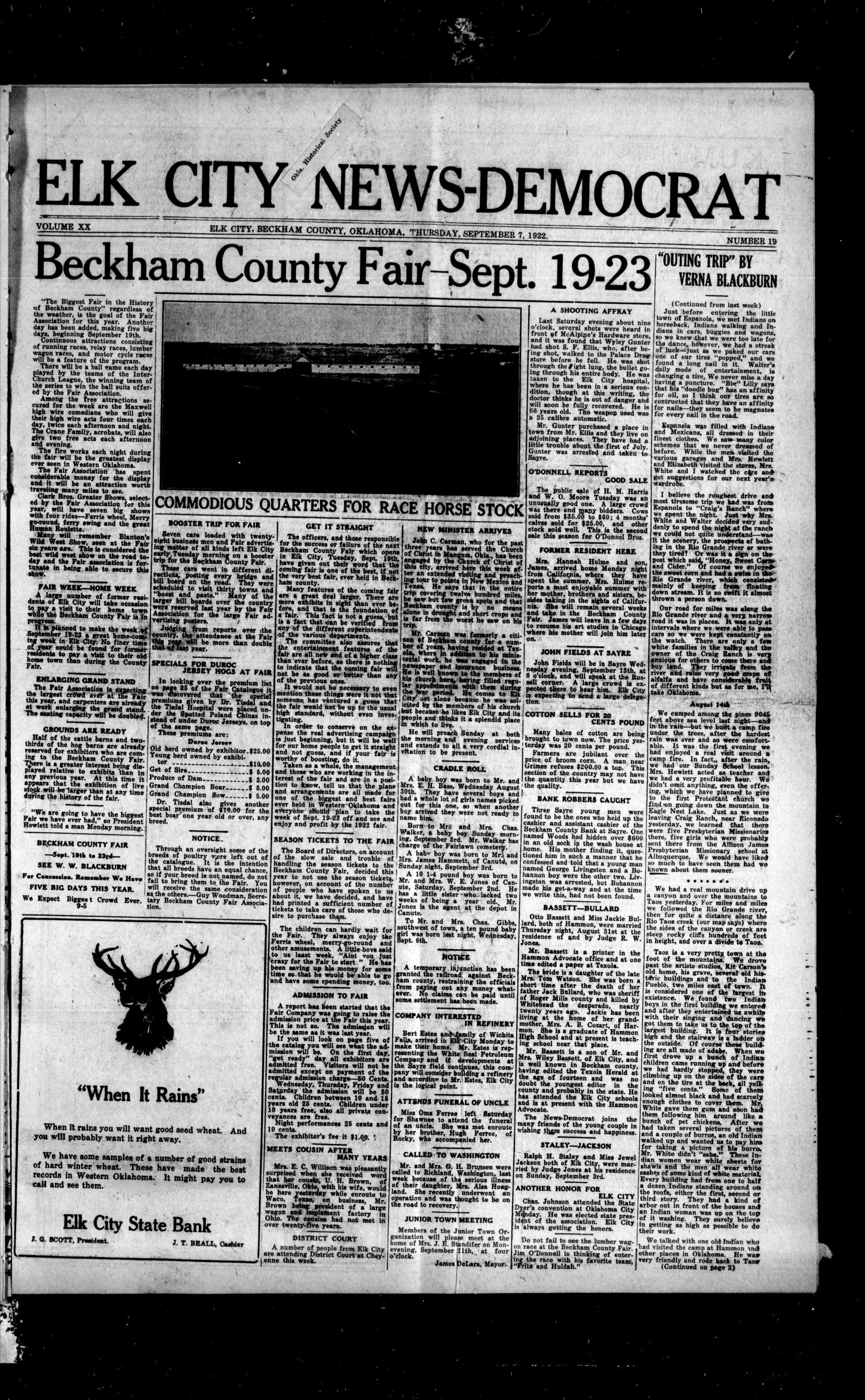 Elk City News-Democrat (Elk City, Okla.), Vol. 20, No. 19, Ed. 1 Thursday, September 7, 1922
                                                
                                                    [Sequence #]: 1 of 12
                                                