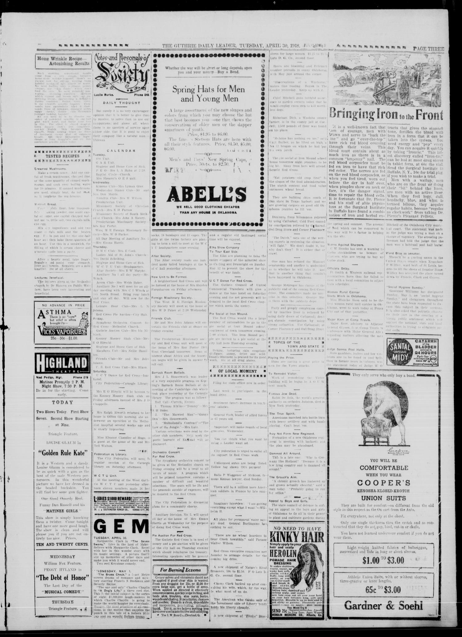 The Guthrie Daily Leader. (Guthrie, Okla.), Vol. 51, No. 81, Ed. 1 Tuesday, April 30, 1918
                                                
                                                    [Sequence #]: 3 of 8
                                                
