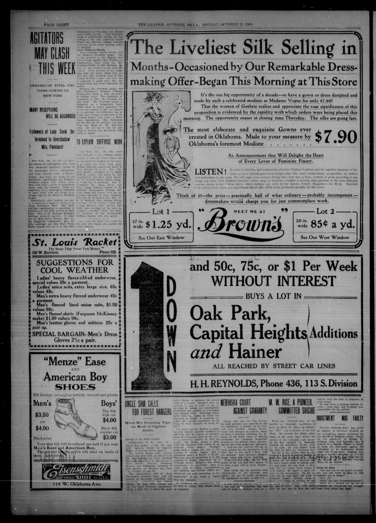 The Guthrie Daily Leader. (Guthrie, Okla.), Vol. 33, No. 124, Ed. 1 Monday, October 18, 1909
                                                
                                                    [Sequence #]: 8 of 8
                                                