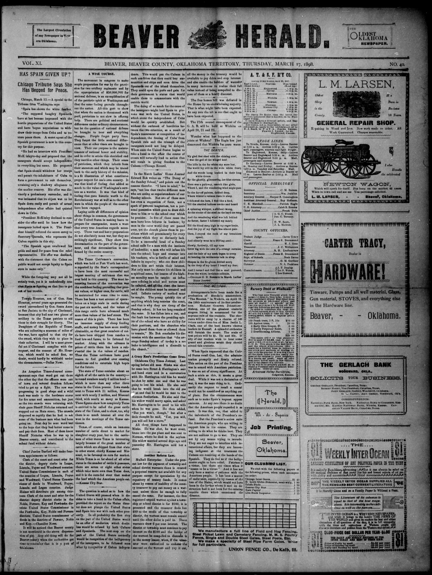 Beaver Herald. (Beaver, Okla. Terr.), Vol. 11, No. 40, Ed. 1, Thursday, March 17, 1898
                                                
                                                    [Sequence #]: 1 of 4
                                                