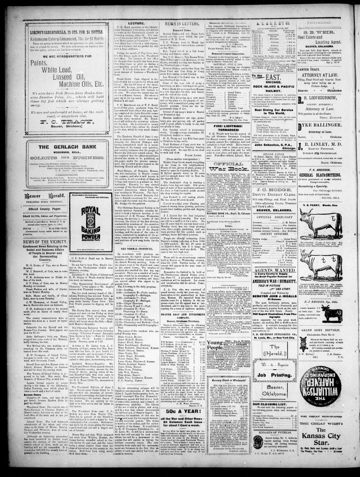 Beaver Herald. (Beaver, Okla. Terr.), Vol. 11, No. 51, Ed. 1, Thursday, June 9, 1898
                                                
                                                    [Sequence #]: 4 of 4
                                                