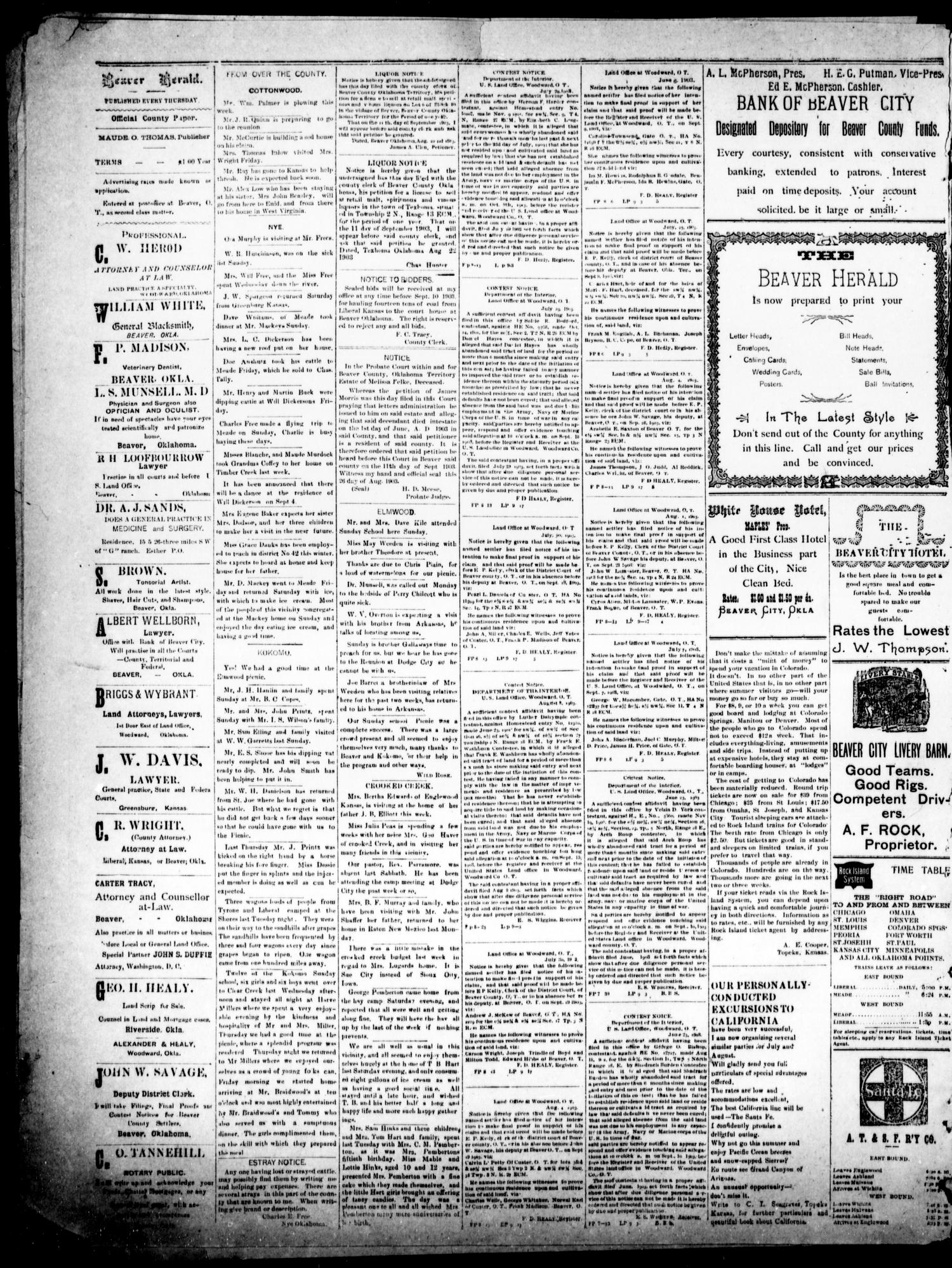 The Beaver Herald. (Beaver, Okla. Terr.), Vol. 17, No. 11, Ed. 1, Thursday, August 27, 1903
                                                
                                                    [Sequence #]: 4 of 4
                                                