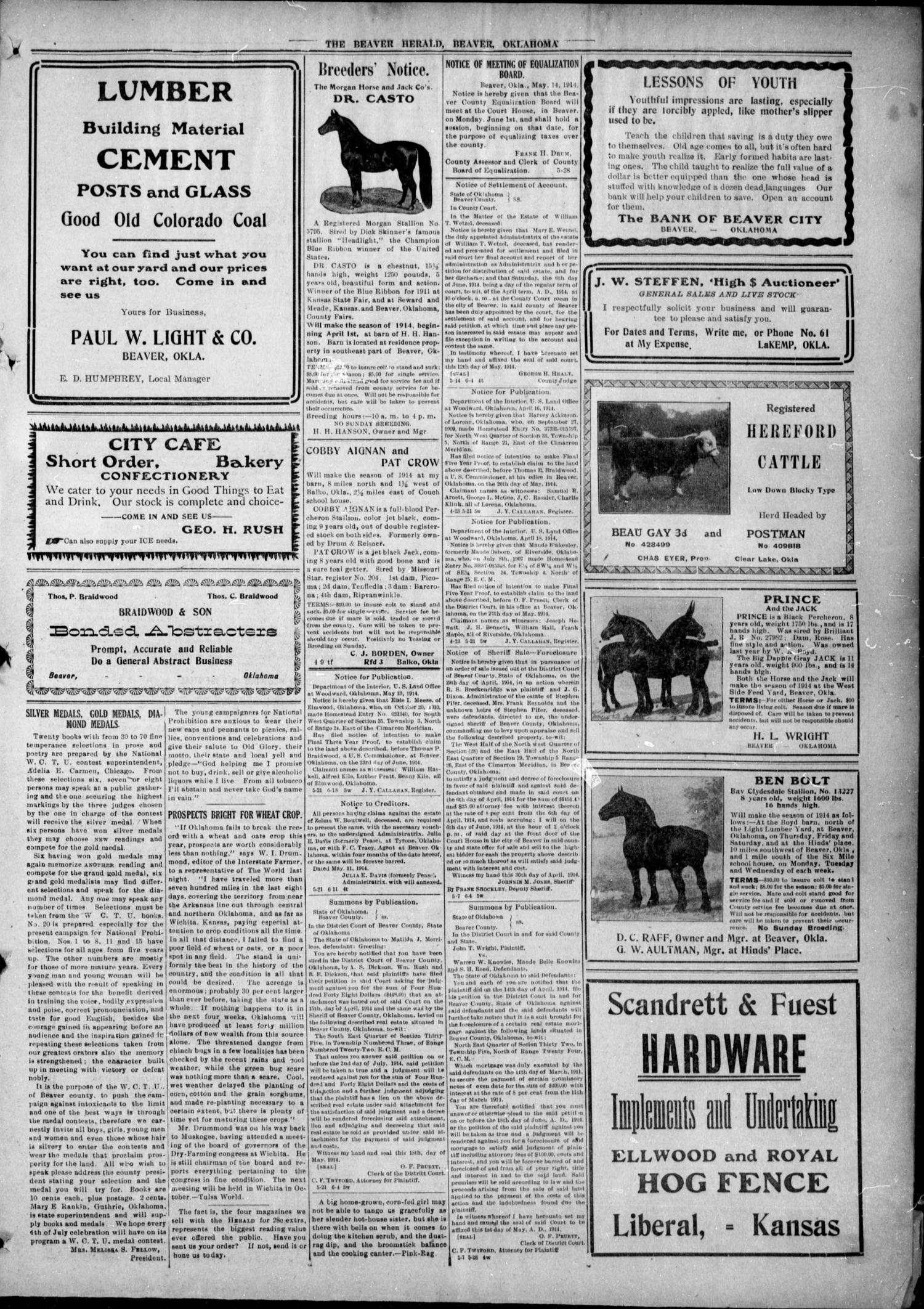The Beaver Herald. (Beaver, Okla.), Vol. 27, No. 50, Ed. 1, Thursday, May 21, 1914
                                                
                                                    [Sequence #]: 5 of 8
                                                