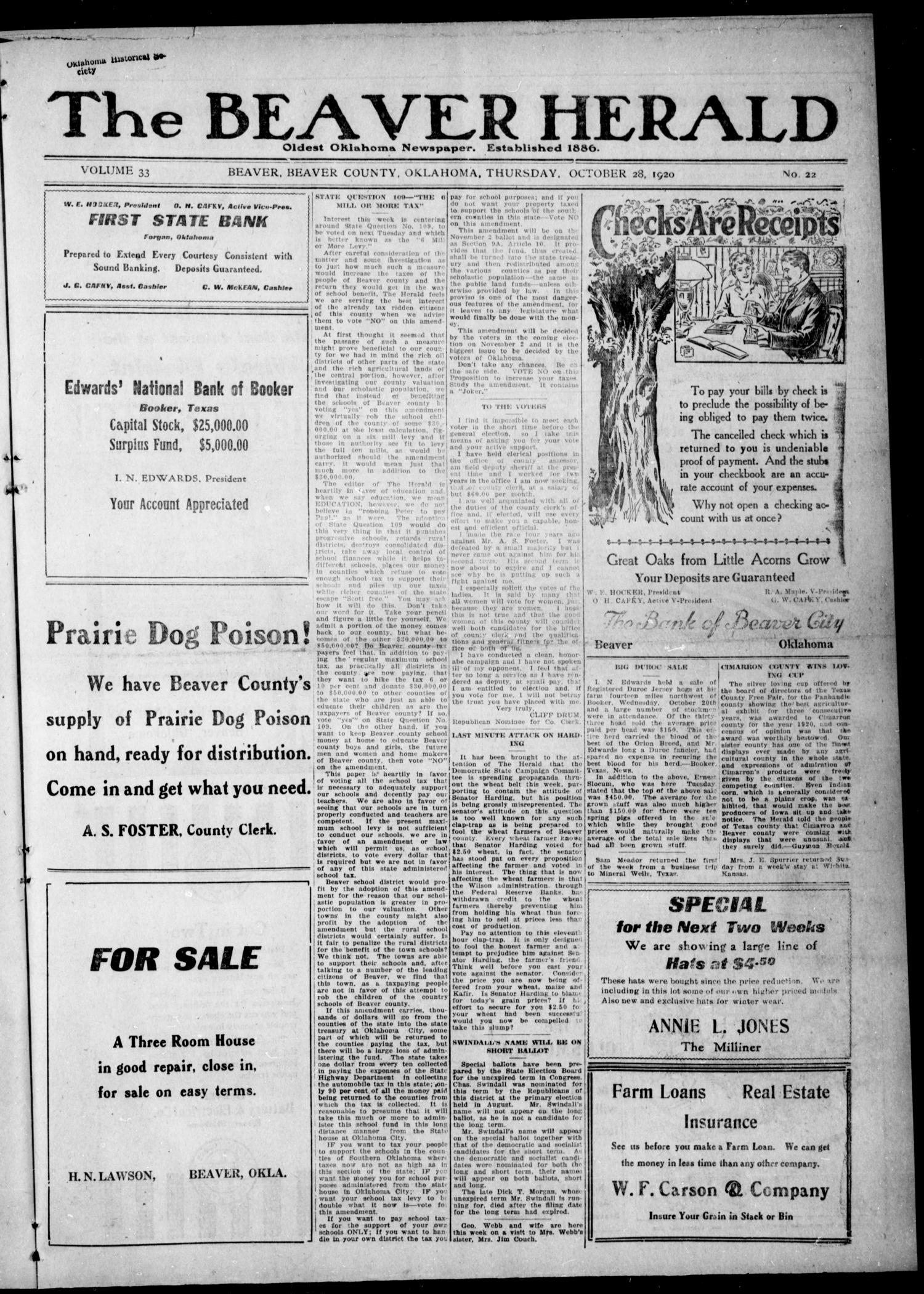 The Beaver Herald (Beaver, Okla.), Vol. 33, No. 22, Ed. 1, Thursday, October 28, 1920
                                                
                                                    [Sequence #]: 1 of 8
                                                