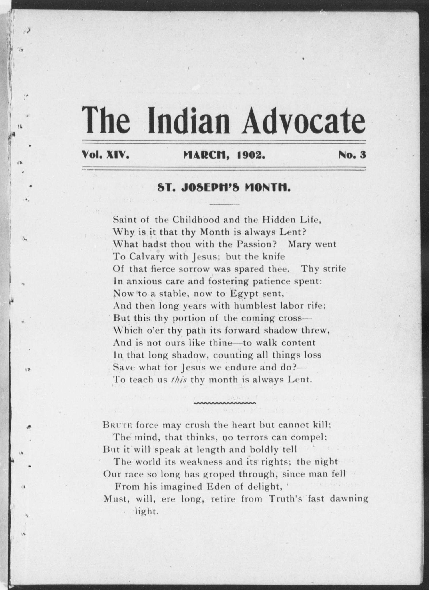 The Indian Advocate (Sacred Heart Mission, Okla. Terr.), Vol. 14, No. 3, Ed. 1, Saturday, March 1, 1902
                                                
                                                    [Sequence #]: 1 of 32
                                                