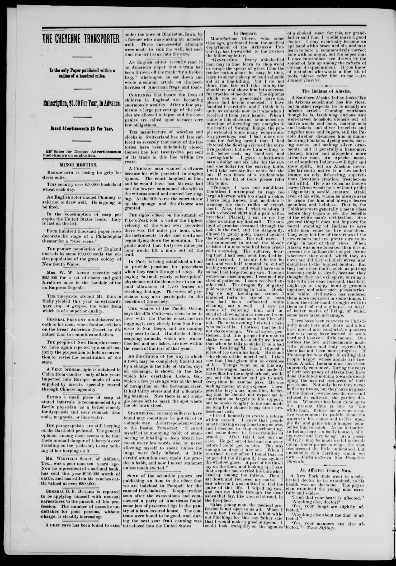 Cheyenne Transporter. (Darlington, Indian Terr.), Vol. 6, No. 5, Ed. 1, Monday, December 15, 1884
                                                
                                                    [Sequence #]: 2 of 10
                                                