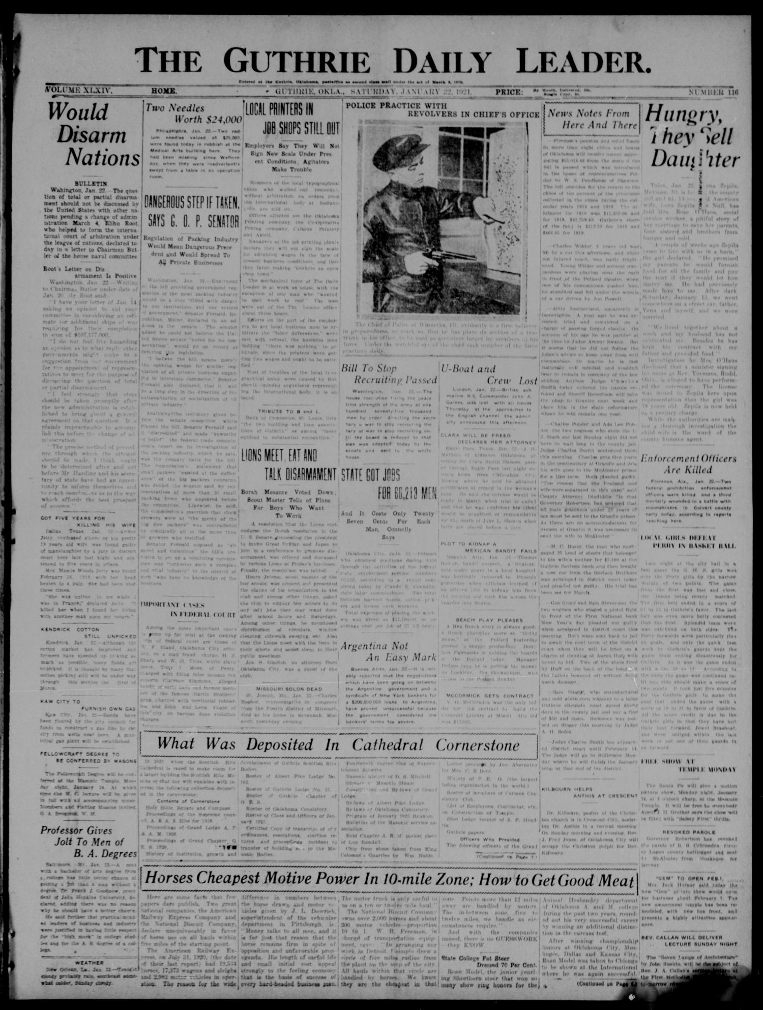 The Guthrie Daily Leader. (Guthrie, Okla.), Vol. 54, No. 116, Ed. 1 Saturday, January 22, 1921
                                                
                                                    [Sequence #]: 1 of 8
                                                