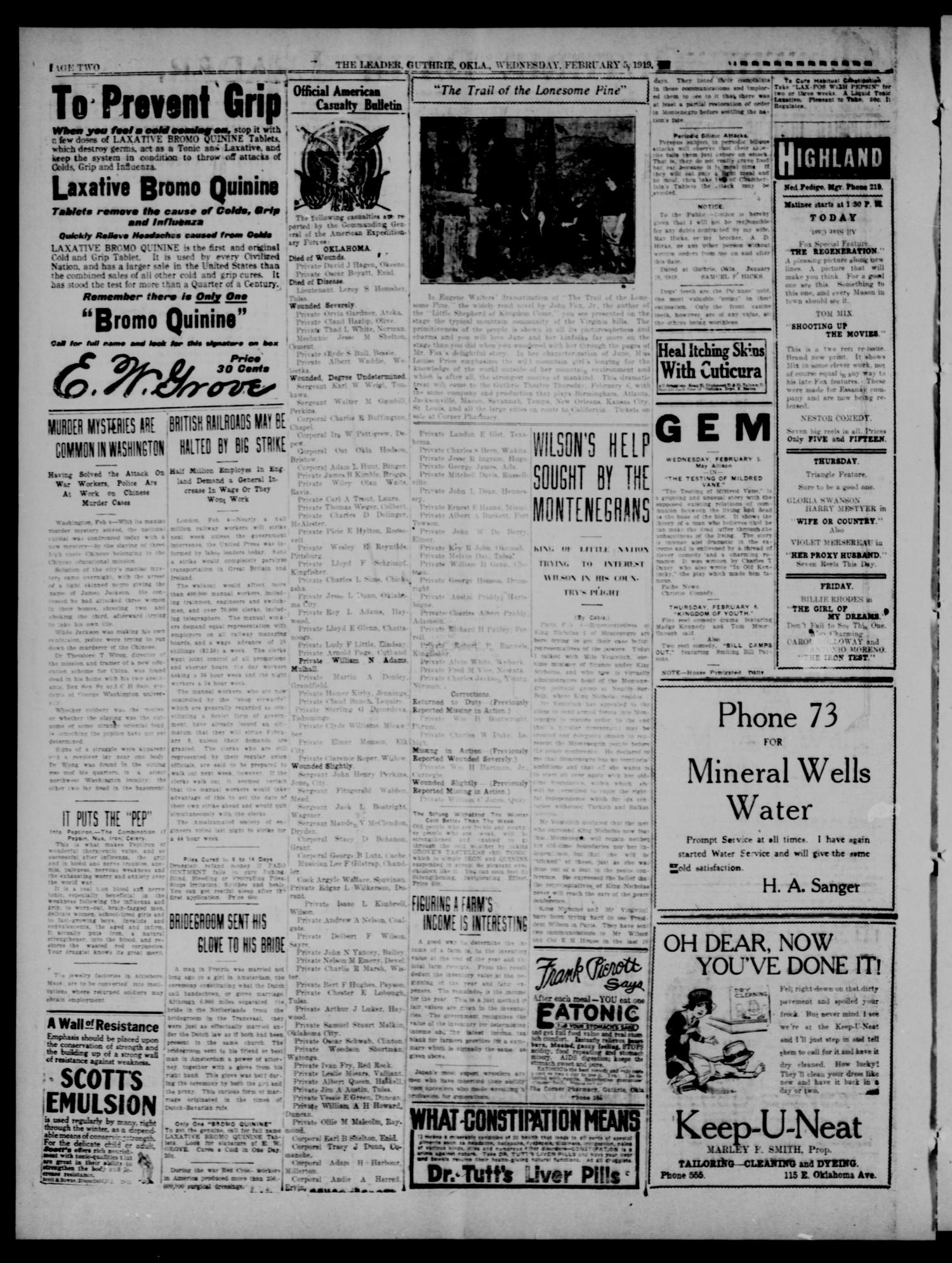 The Guthrie Daily Leader. (Guthrie, Okla.), Vol. 52, No. 147, Ed. 1 Wednesday, February 5, 1919
                                                
                                                    [Sequence #]: 2 of 8
                                                