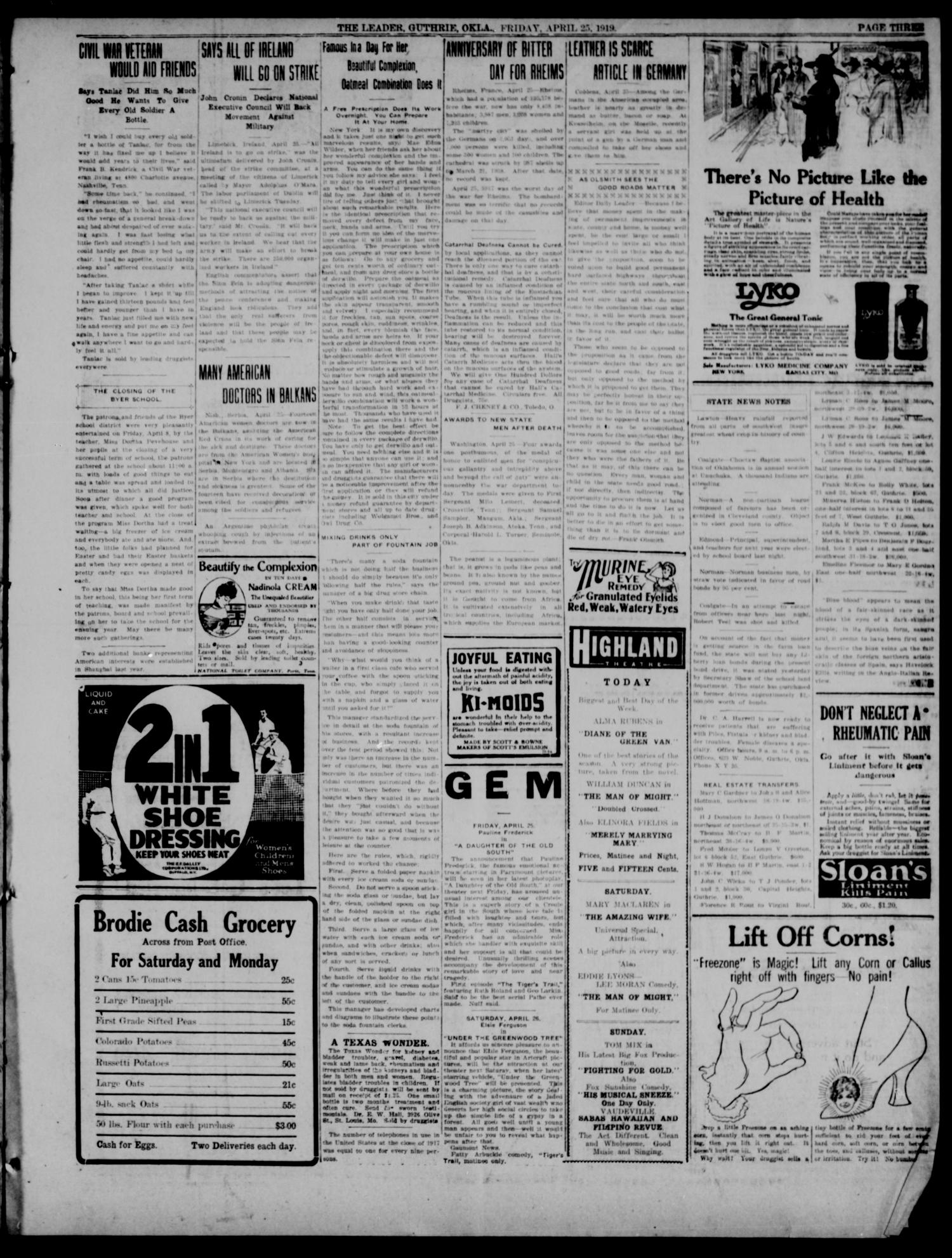 The Guthrie Daily Leader. (Guthrie, Okla.), Vol. 52, No. 55, Ed. 1 Friday, April 25, 1919
                                                
                                                    [Sequence #]: 3 of 8
                                                