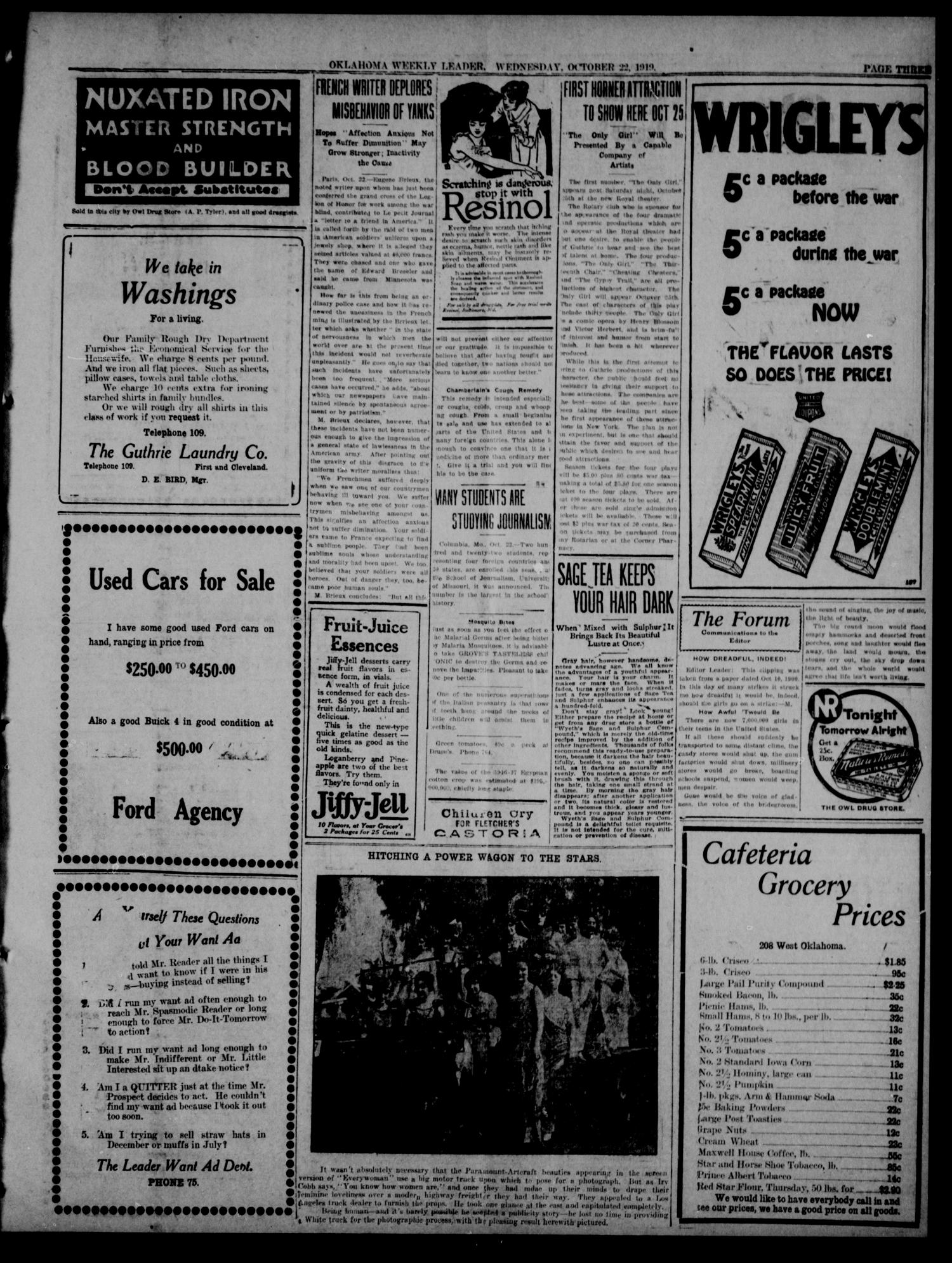 The Guthrie Daily Leader. (Guthrie, Okla.), Vol. 53, No. 48, Ed. 1 Wednesday, October 22, 1919
                                                
                                                    [Sequence #]: 3 of 8
                                                