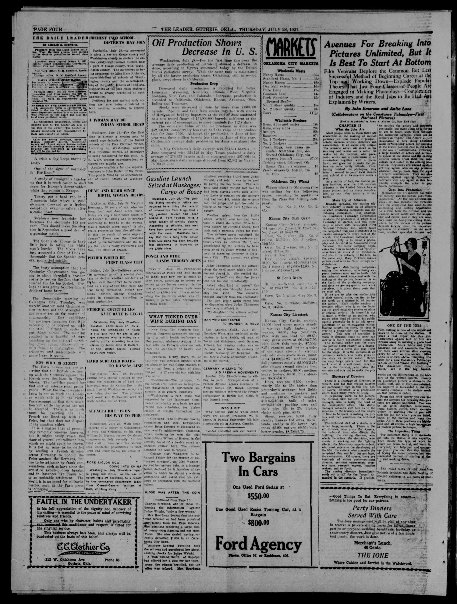 The Guthrie Daily Leader. (Guthrie, Okla.), Vol. 54, No. 115, Ed. 1 Thursday, July 28, 1921
                                                
                                                    [Sequence #]: 4 of 8
                                                
