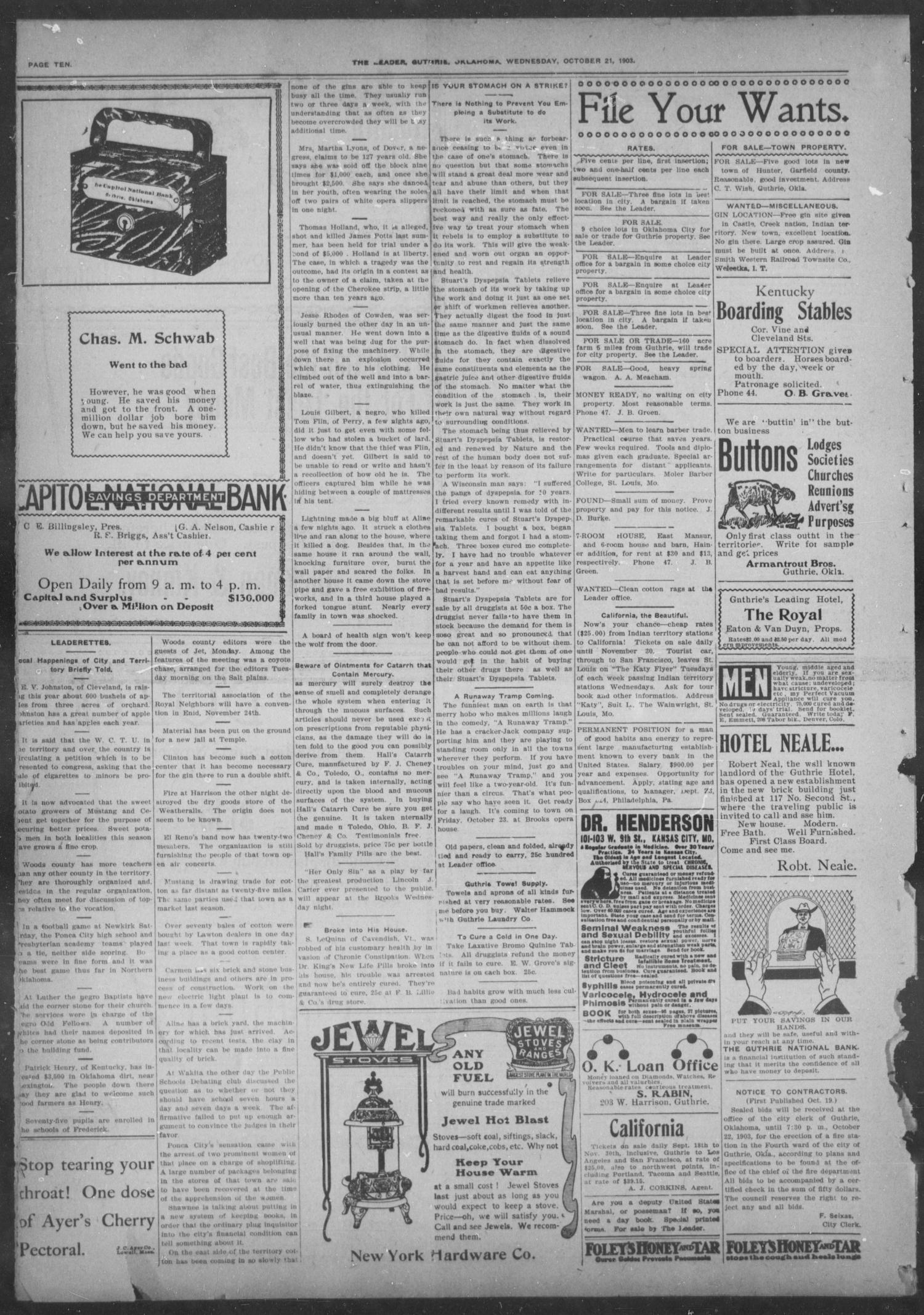 The Guthrie Daily Leader. (Guthrie, Okla.), Vol. 22, No. 94, Ed. 1, Wednesday, October 21, 1903
                                                
                                                    [Sequence #]: 6 of 10
                                                
