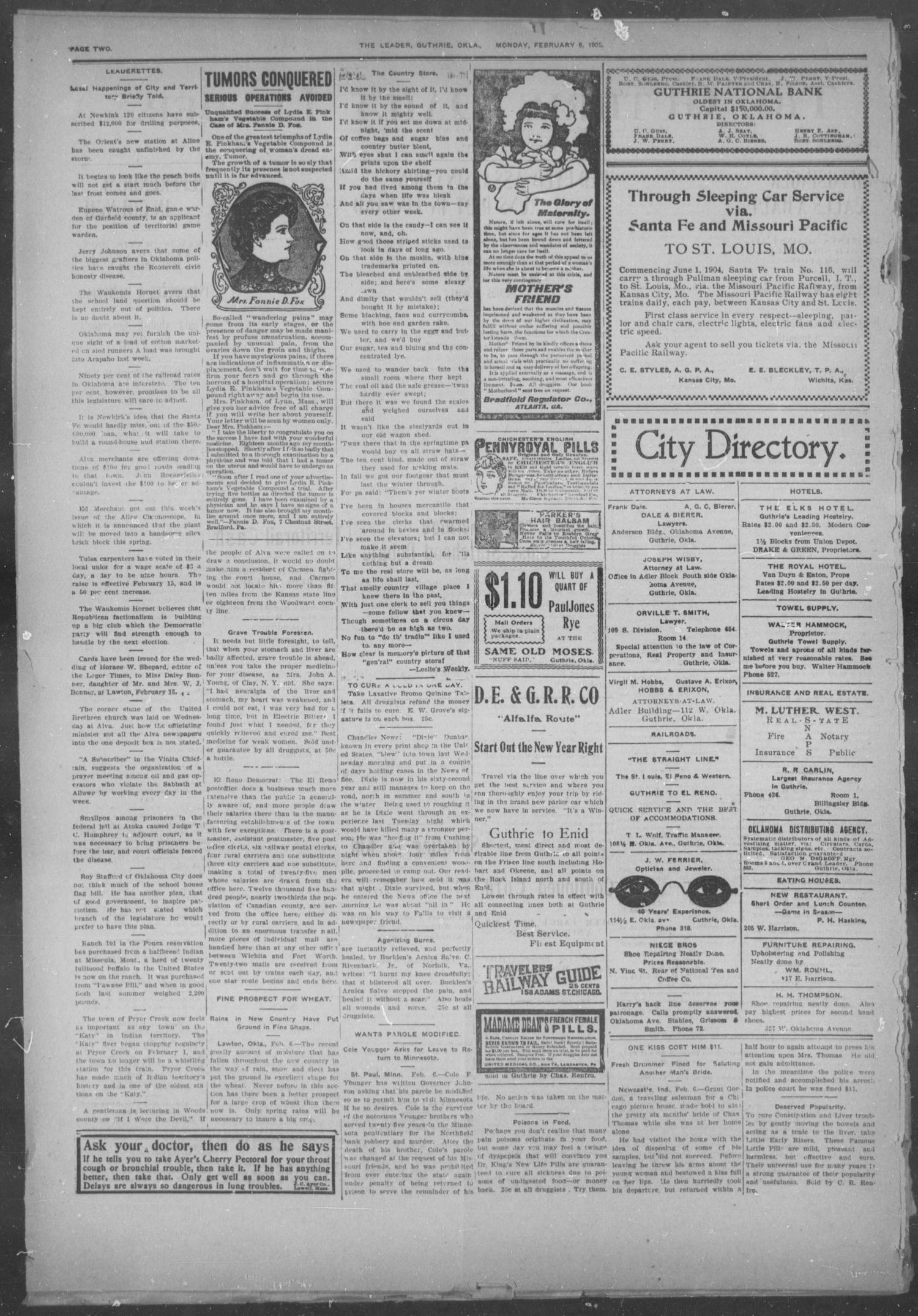 The Guthrie Daily Leader. (Guthrie, Okla.), Vol. 25, No. 11, Ed. 1, Monday, February 6, 1905
                                                
                                                    [Sequence #]: 2 of 8
                                                
