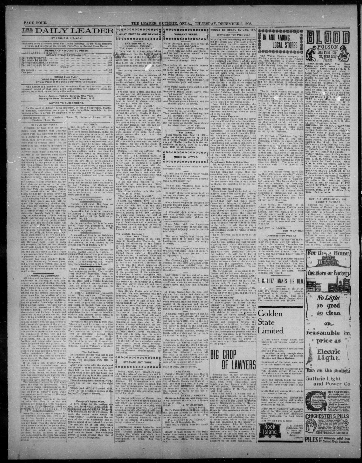 The Guthrie Daily Leader. (Guthrie, Okla.), Vol. 32, No. 12, Ed. 1, Thursday, December 3, 1908
                                                
                                                    [Sequence #]: 4 of 8
                                                