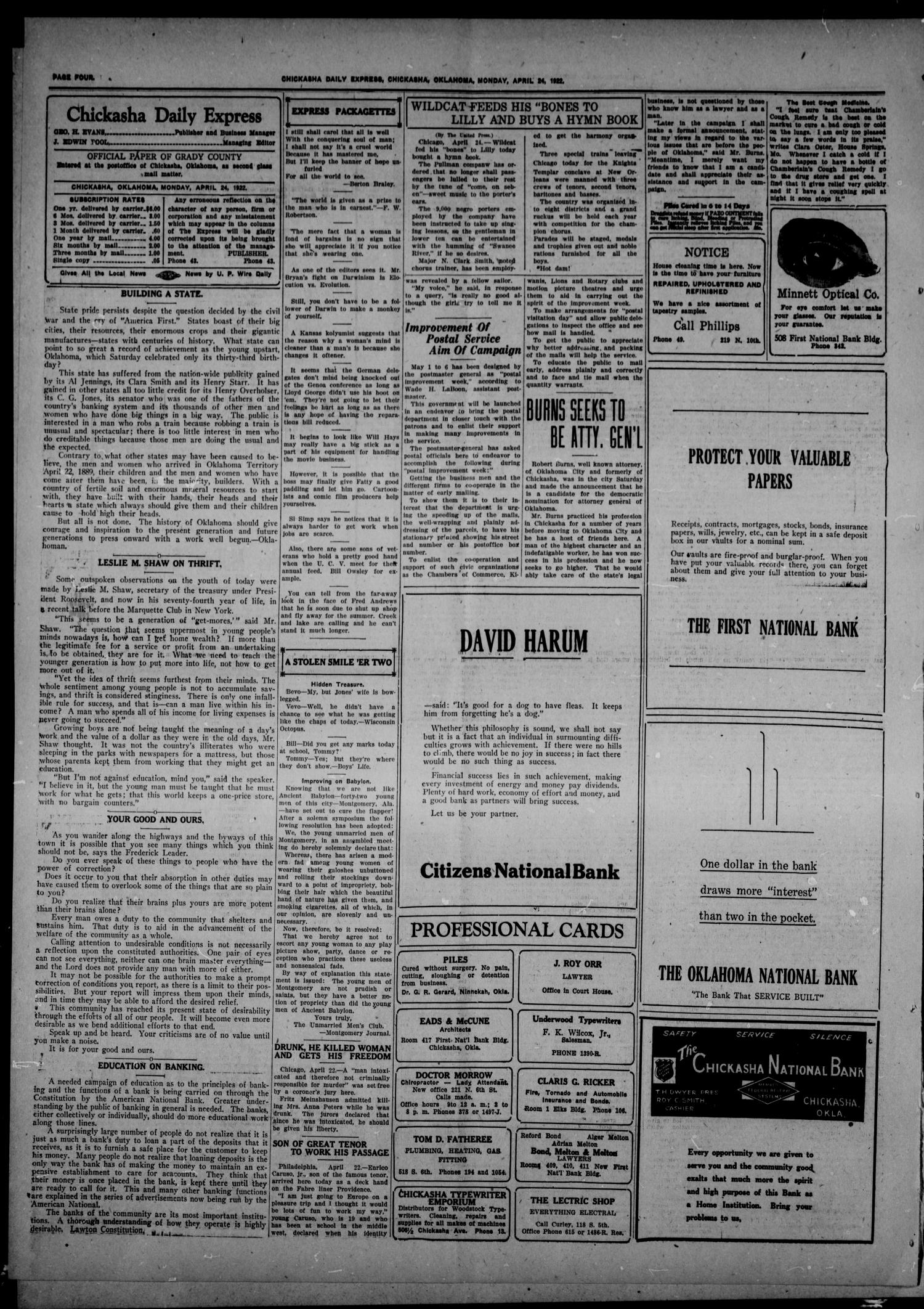 Chickasha Daily Express (Chickasha, Okla.), Vol. 23, No. 7, Ed. 1 Monday, April 24, 1922
                                                
                                                    [Sequence #]: 4 of 8
                                                