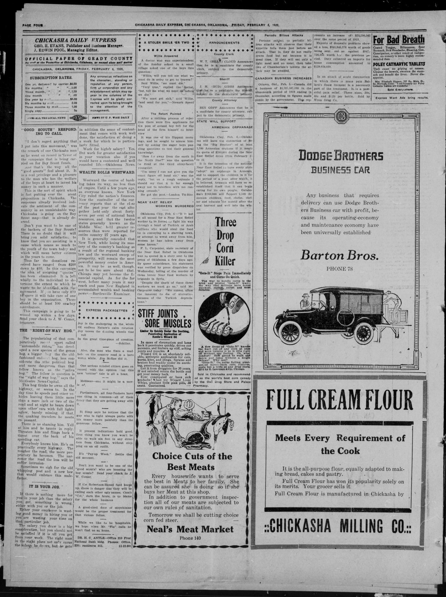 Chickasha Daily Express (Chickasha, Okla.), Vol. 21, No. 32, Ed. 1 Friday, February 6, 1920
                                                
                                                    [Sequence #]: 4 of 8
                                                