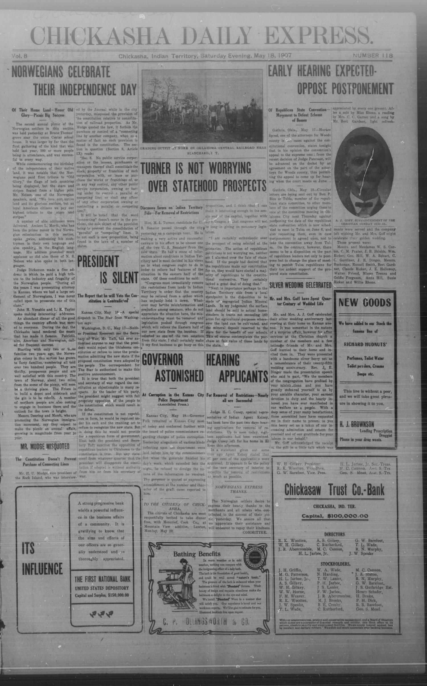 Chickasha Daily Express. (Chickasha, Indian Terr.), Vol. 8, No. 118, Ed. 1 Saturday, May 18, 1907
                                                
                                                    [Sequence #]: 1 of 8
                                                