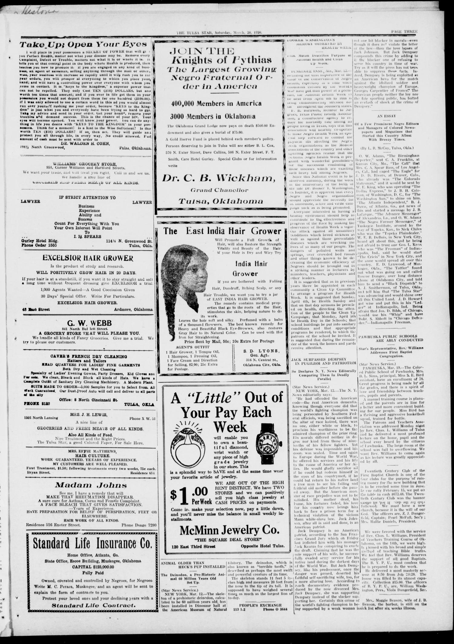 The Tulsa Star (Tulsa, Okla.), Vol. 9, No. 9, Ed. 1, Saturday, March 20, 1920
                                                
                                                    [Sequence #]: 3 of 8
                                                