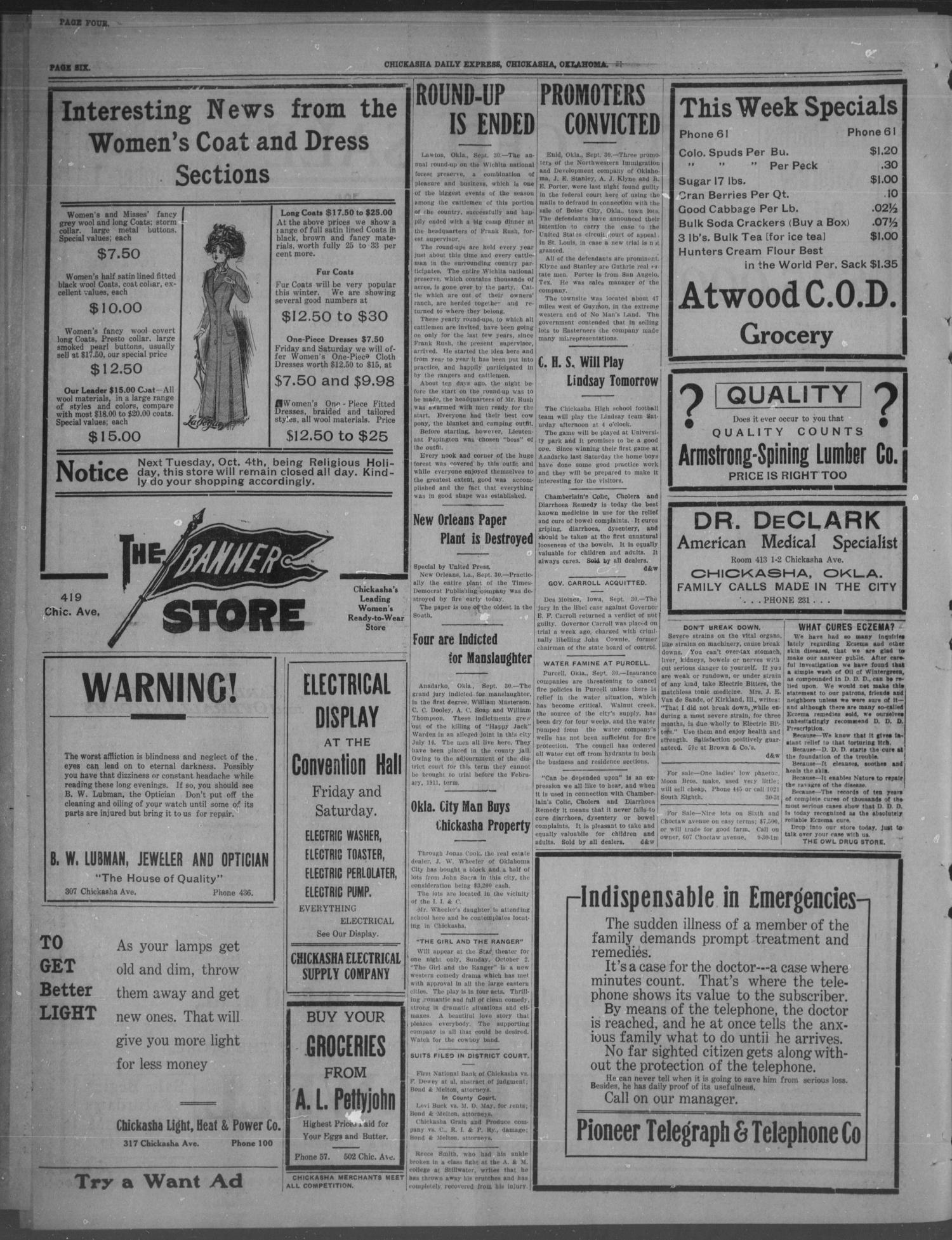 Chickasha Daily Express. (Chickasha, Okla.), Vol. 11, No. 233, Ed. 1 Friday, September 30, 1910
                                                
                                                    [Sequence #]: 4 of 8
                                                
